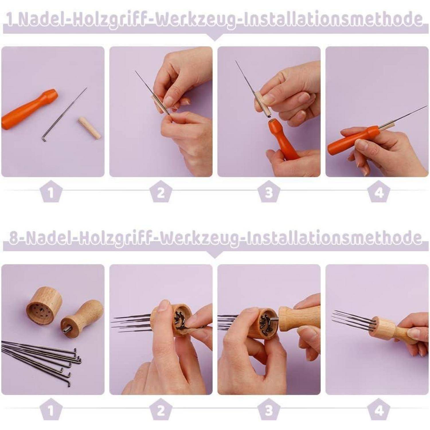 Diagramm zur Darstellung der Installationsschritte für ein 'Nadel-Holzgriff-Werkzeug'. Oberste Reihe: Schritte 1-4 für ein einzelnes Werkzeug. Unterste Reihe: Schritte 1-4 für eine Variante mit acht Werkzeugen.