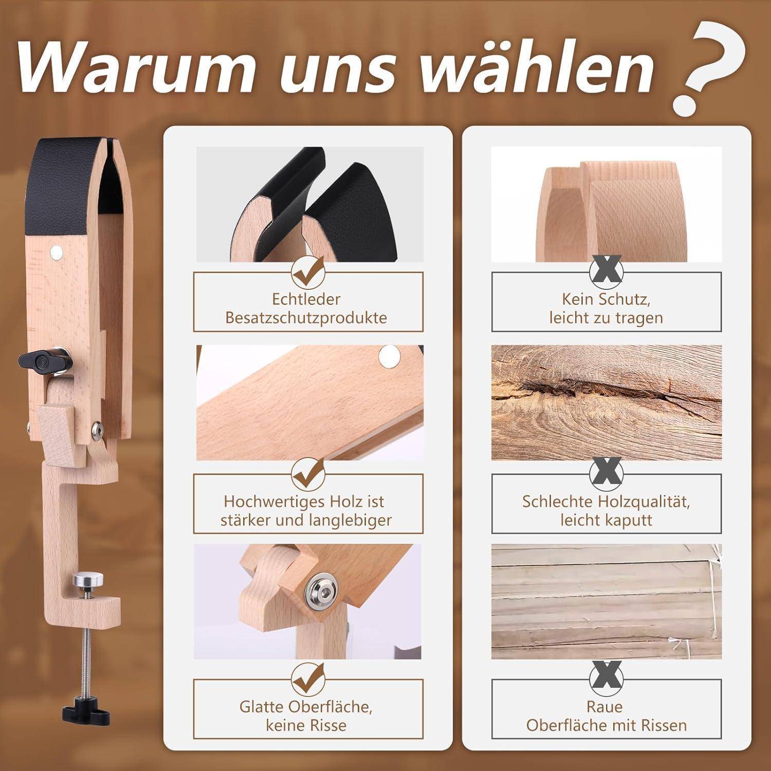 Vergleich zweier Produktmerkmale mit Bildern: 'Echtleder Besatzschutzprodukte' mit glatter Oberfläche, starkem Holz versus 'Kein Schutz, leicht zu tragen' mit zerbrechlichem, minderwertigem Holz.