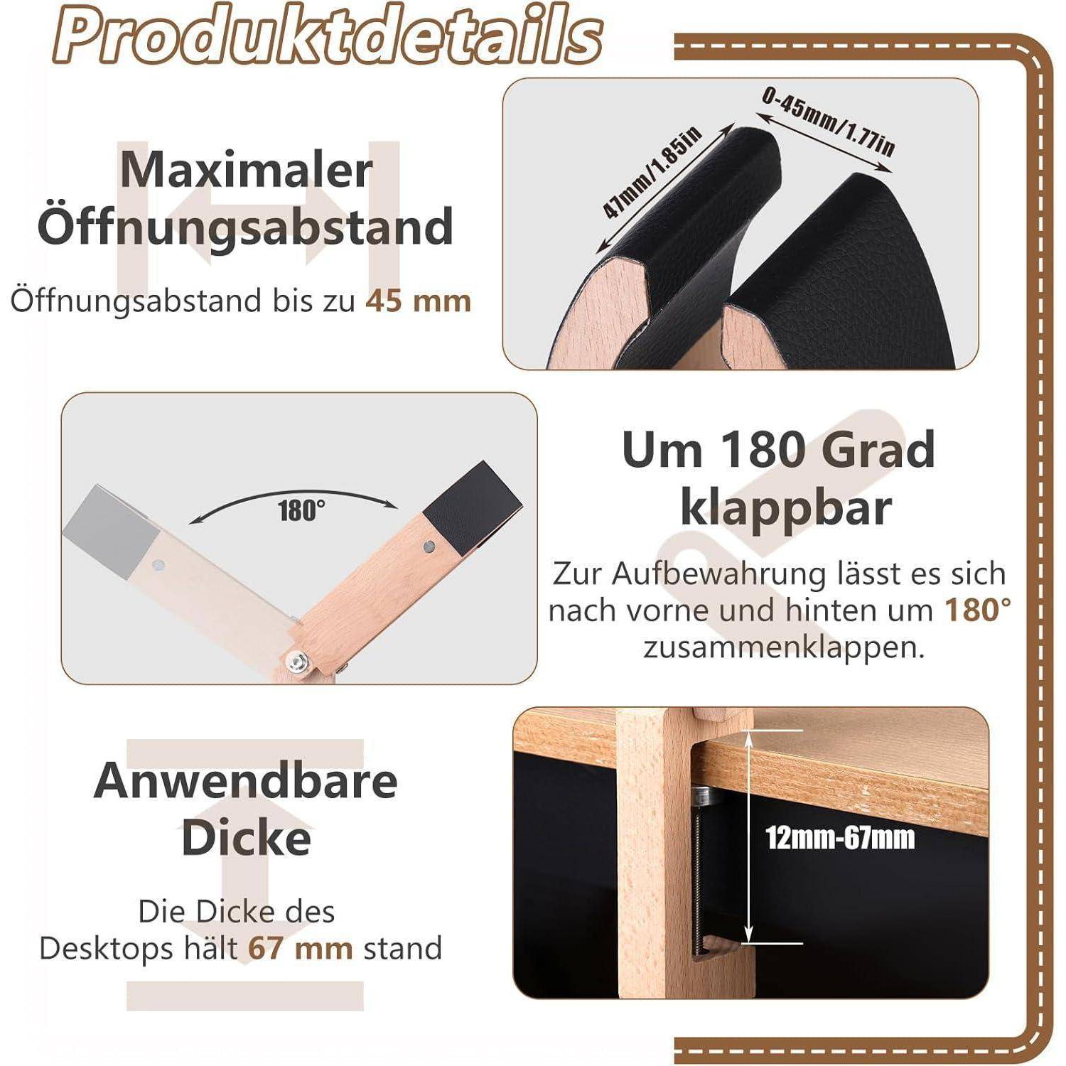 Arbeitschere' - Bild zeigt verstellbare Breite bis zu 45 mm und klappbares Design für 180 Grad. Kompatibel mit Schreibtischen bis zu 67 mm Dicke.