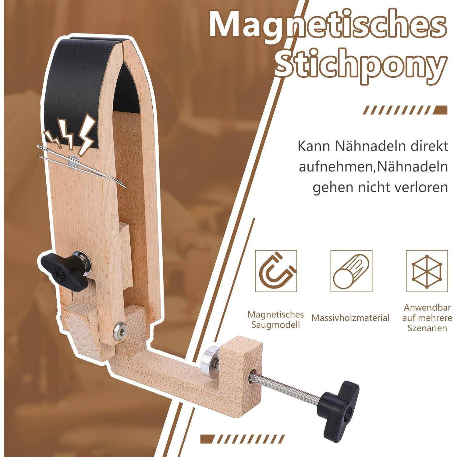 Eine hölzerne magnetische Nähpferdchen-Klemme mit Symbolen darunter, die Eigenschaften zeigen: magnetische Saugkraft, massives Holzmaterial und Nutzung in verschiedenen Szenarien.