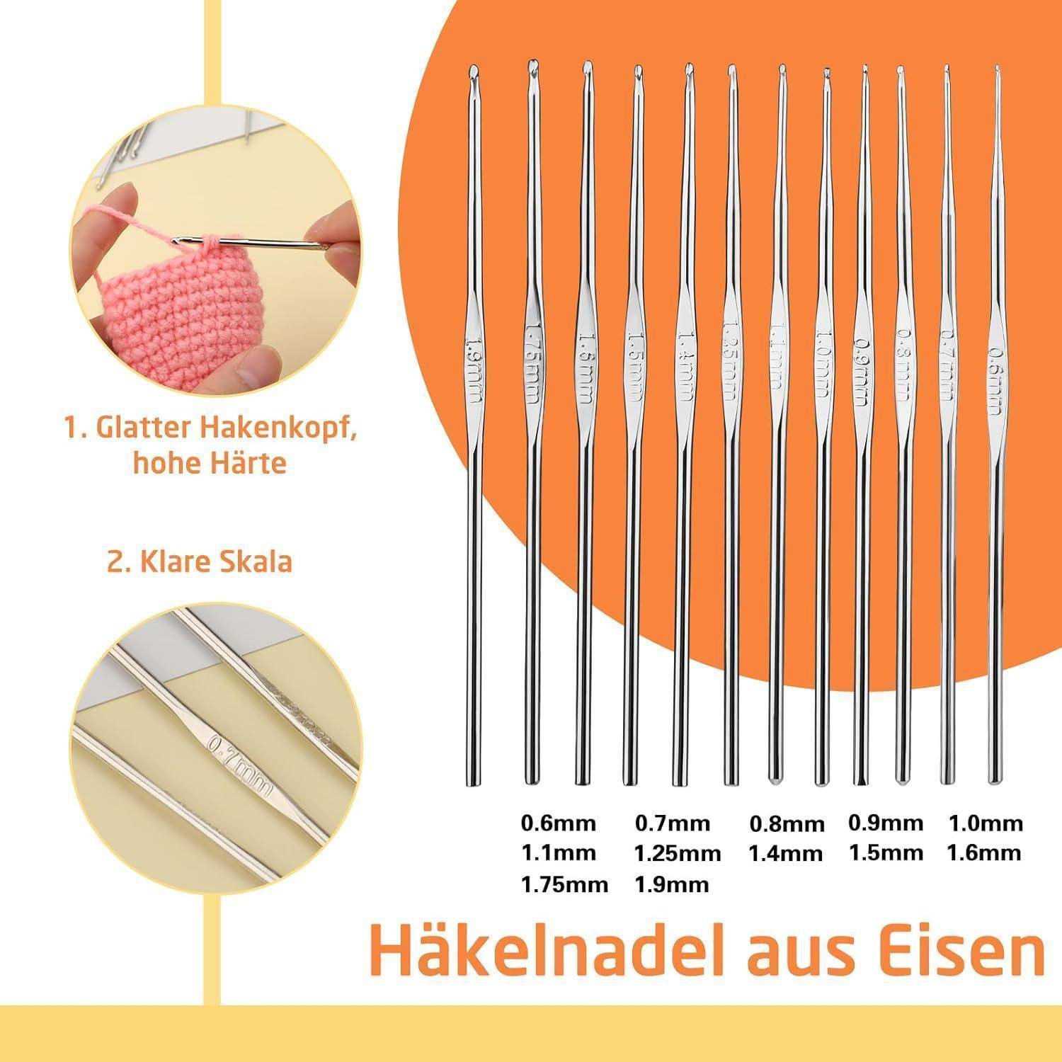 Häkelnadeln aus Eisen nach Größe sortiert, mit detaillierten Nahaufnahmen der Haken und Maßstab.