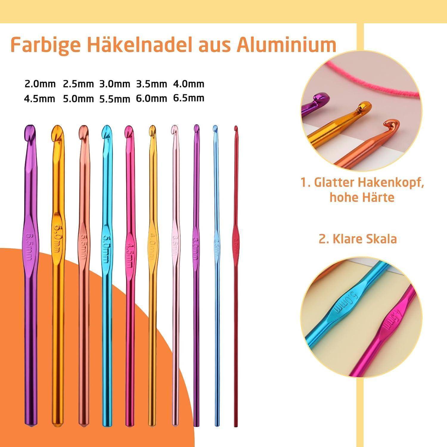 Aluminium-Häkelnadeln in verschiedenen Farben und Größen von 2,0 mm bis 6,5 mm. Merkmale sind glatte Hakenkopfenden und deutliche Größenkennzeichnungen.