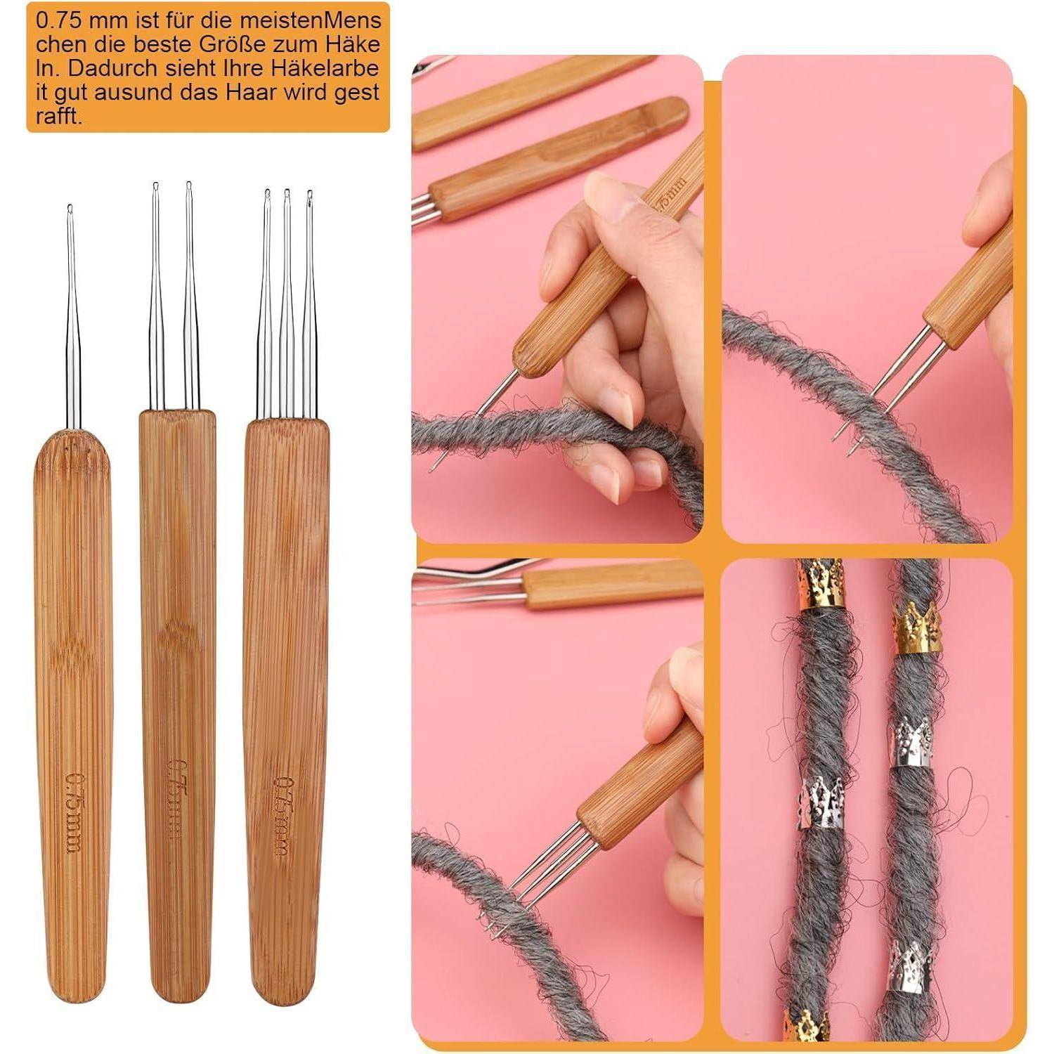 Collage, das verschiedene Häkelnadeln und deren Verwendung mit Garn auf einem rosa Hintergrund zeigt und Werkzeuge und Techniken zum Haarflechten veranschaulicht.