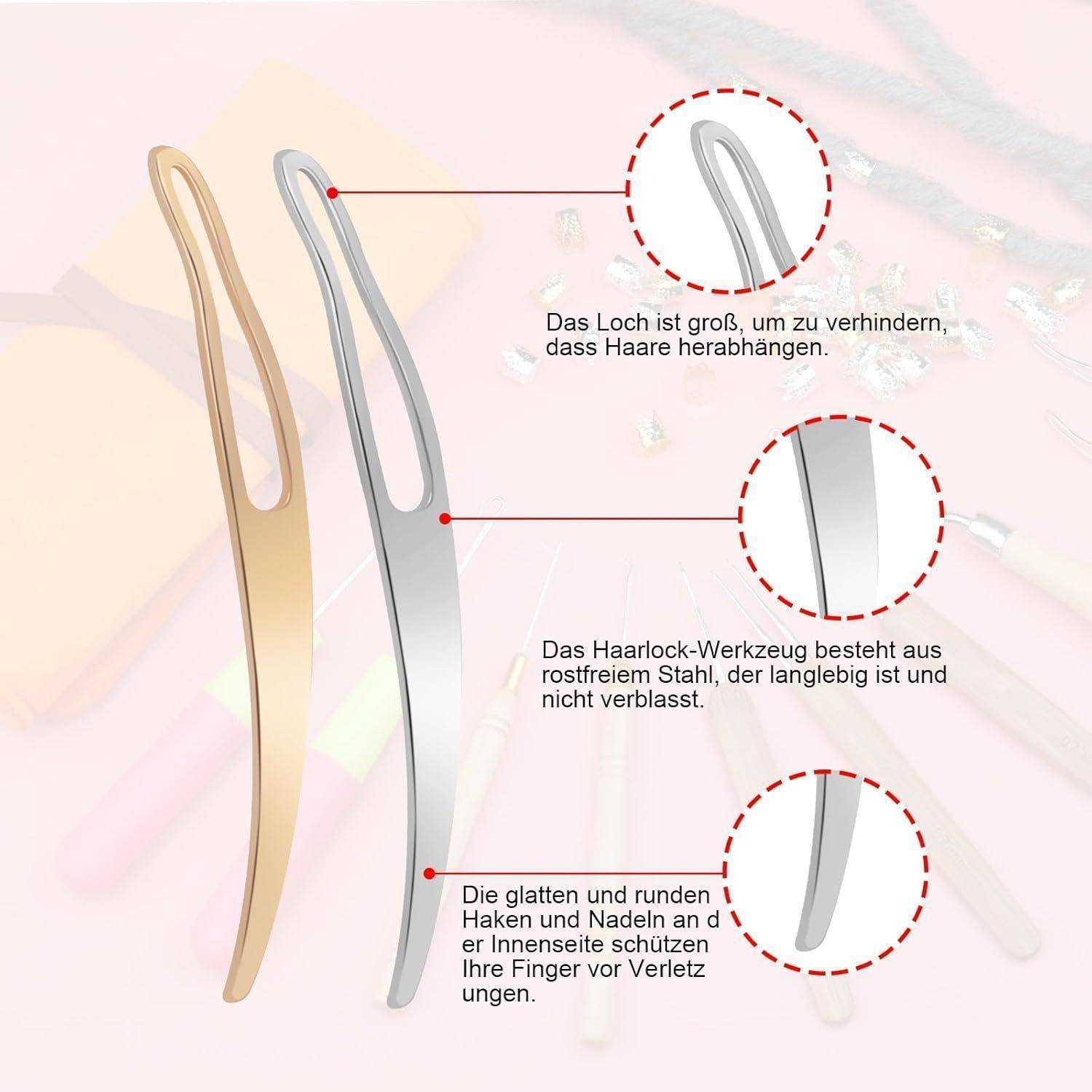 Zwei Haarschleifen-Werkzeuge in Gold und Silber mit einem großen Loch zur Verhinderung von Haarverhängungen. Hergestellt aus robustem, rostfreiem Stahl mit glatten, abgerundeten Spitzen.