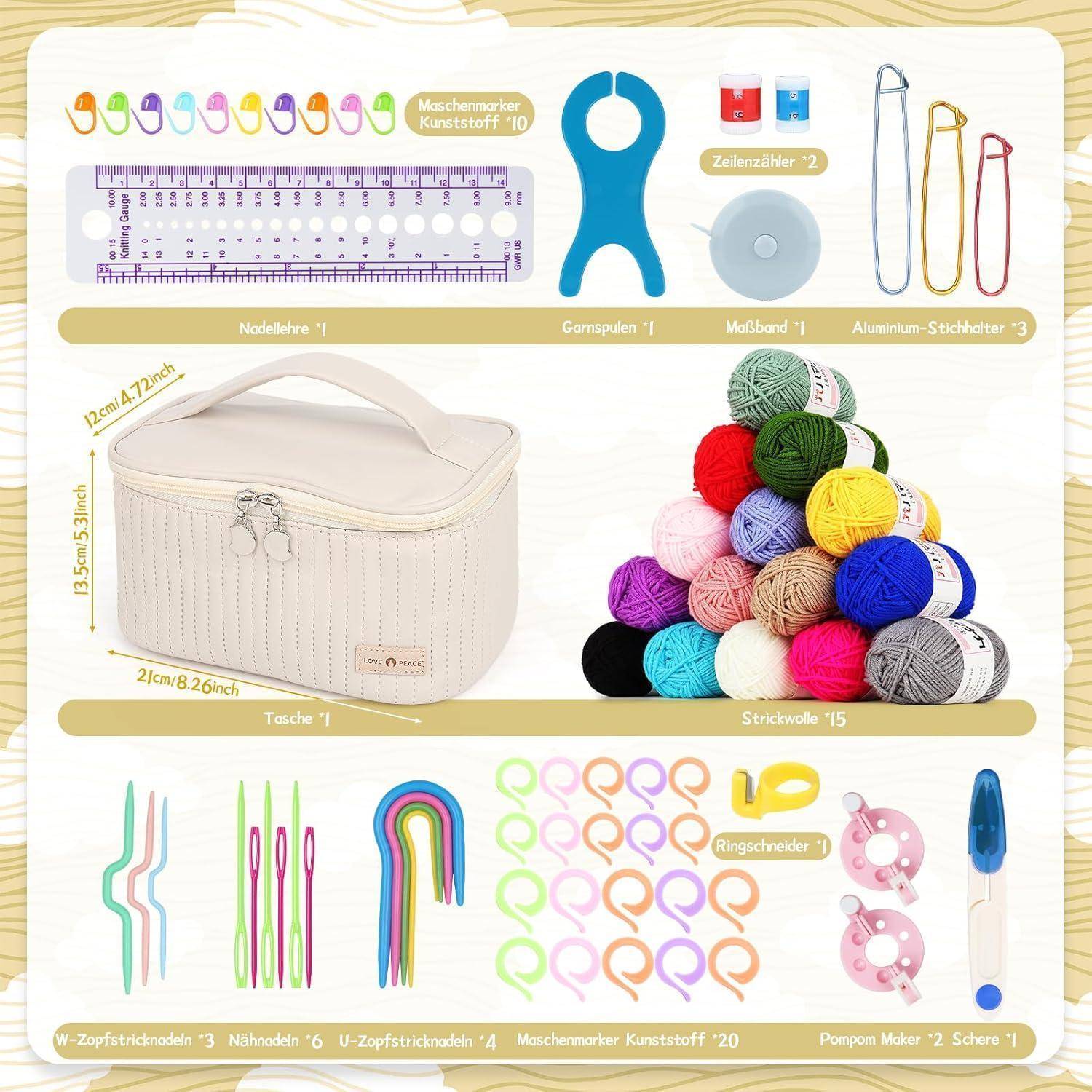 Bild, das verschiedene Strickutensilien und -zubehör zeigt, einschließlich Wollknäuel, Stricknadeln, Maßband, Maschenmarkierern und einer Aufbewahrungstasche.
