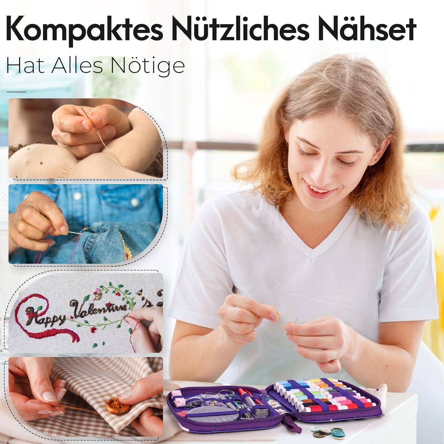Eine Person, die fröhlich eine kompakte Nähgarnitur verwendet; enthält Bilder vom Annähen eines Knopfes, Reparieren von Jeans, Hinzufügen von Stickerei und verschiedenen Fäden.