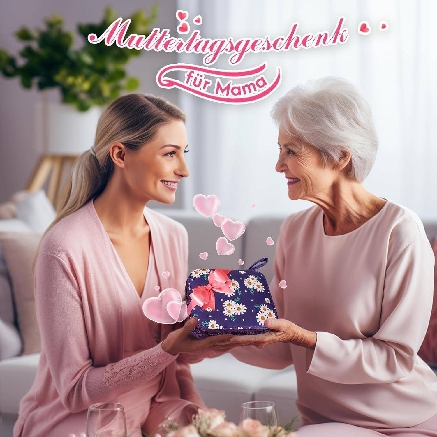 Eine Frau überreicht einer älteren Frau ein Geschenk, beide lächeln. Das Bild ist mit 'Muttertagsgeschenk für Mama' beschriftet, umgeben von Herzen und Blumen.