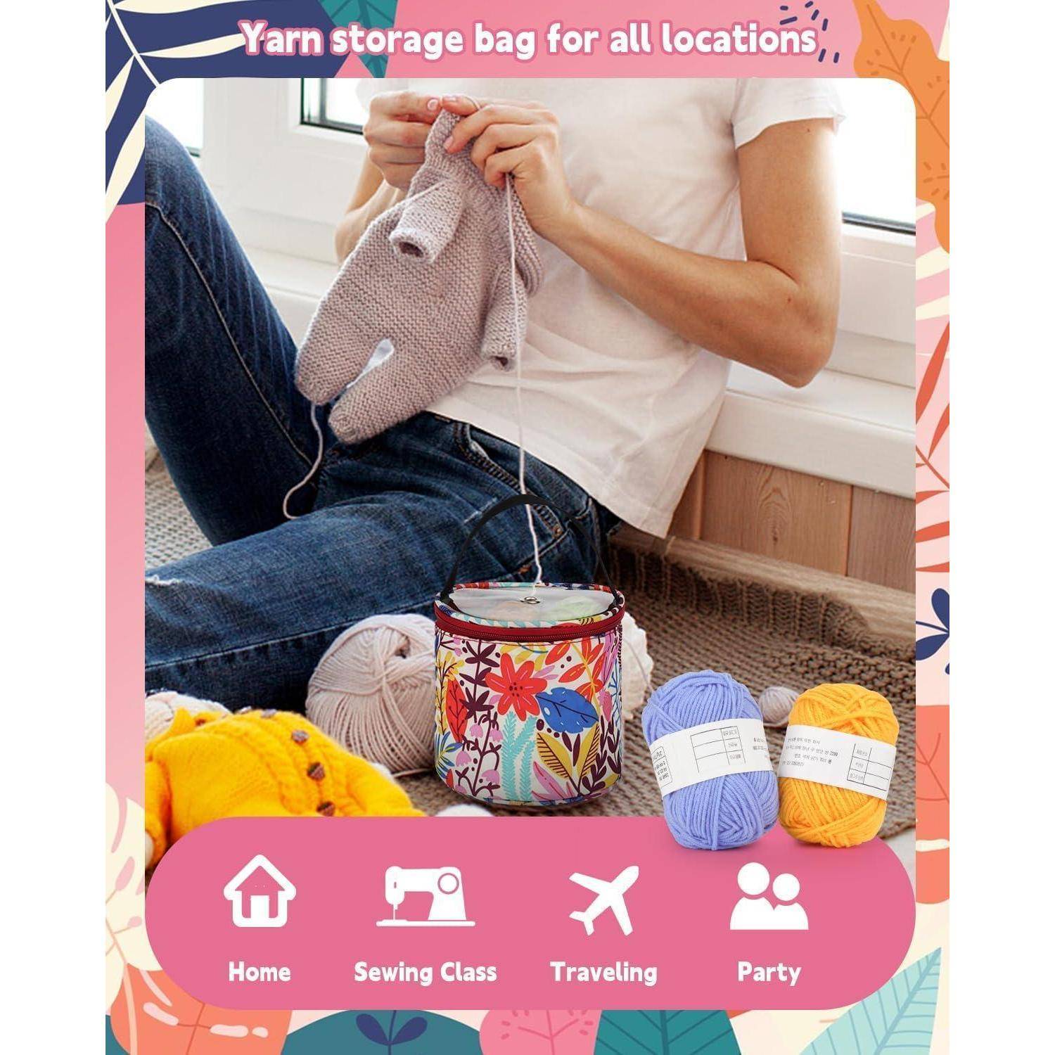 Person strickt neben einer Garnaufbewahrungstasche mit bunten Garnen. Text oben: 'Garnaufbewahrungstasche für alle Orte.' Symbole unten: Zuhause, Nähkurs, Reisen, Party.