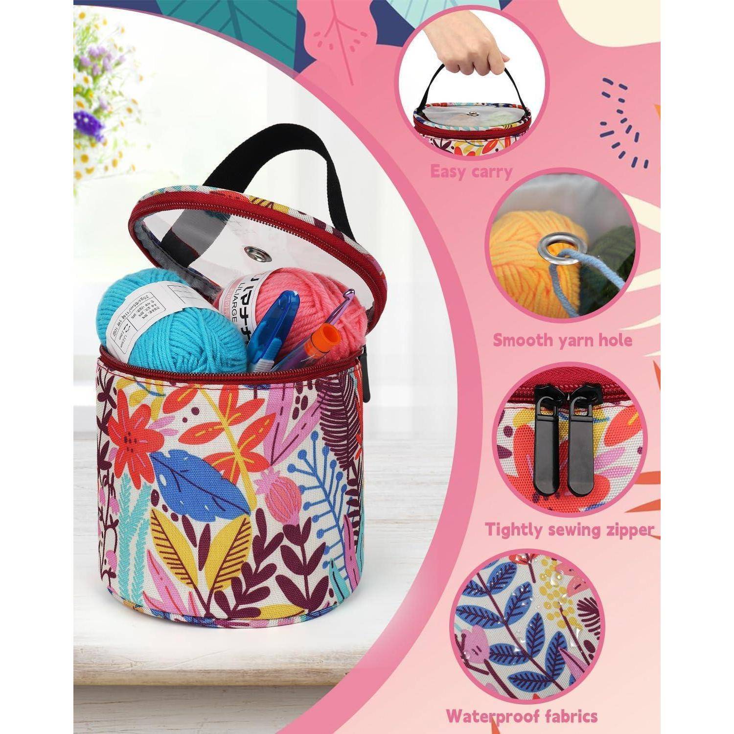 Bunte Garntragetasche mit Blattmuster, ausgestattet mit praktischem Tragegriff, glatter Garnöffnung, fest verschweißtem Reißverschluss und wasserdichtem Stoff.
