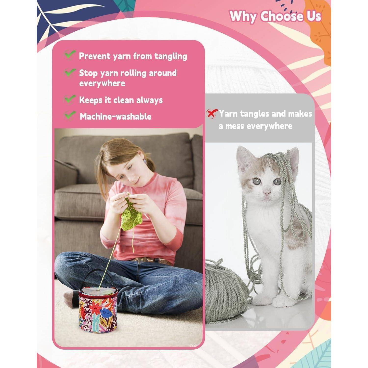 Ein Mädchen strickt mit Garn, das aus einer Blechdose gezogen wird. Der Text führt folgende Vorteile auf: ‚Verhindert Garnverwicklung', ‚Hält es immer sauber', ‚Maschinenwäschetauglich'. Eine Katze mit verwickeltem Garn veranschaulicht das Chaos.