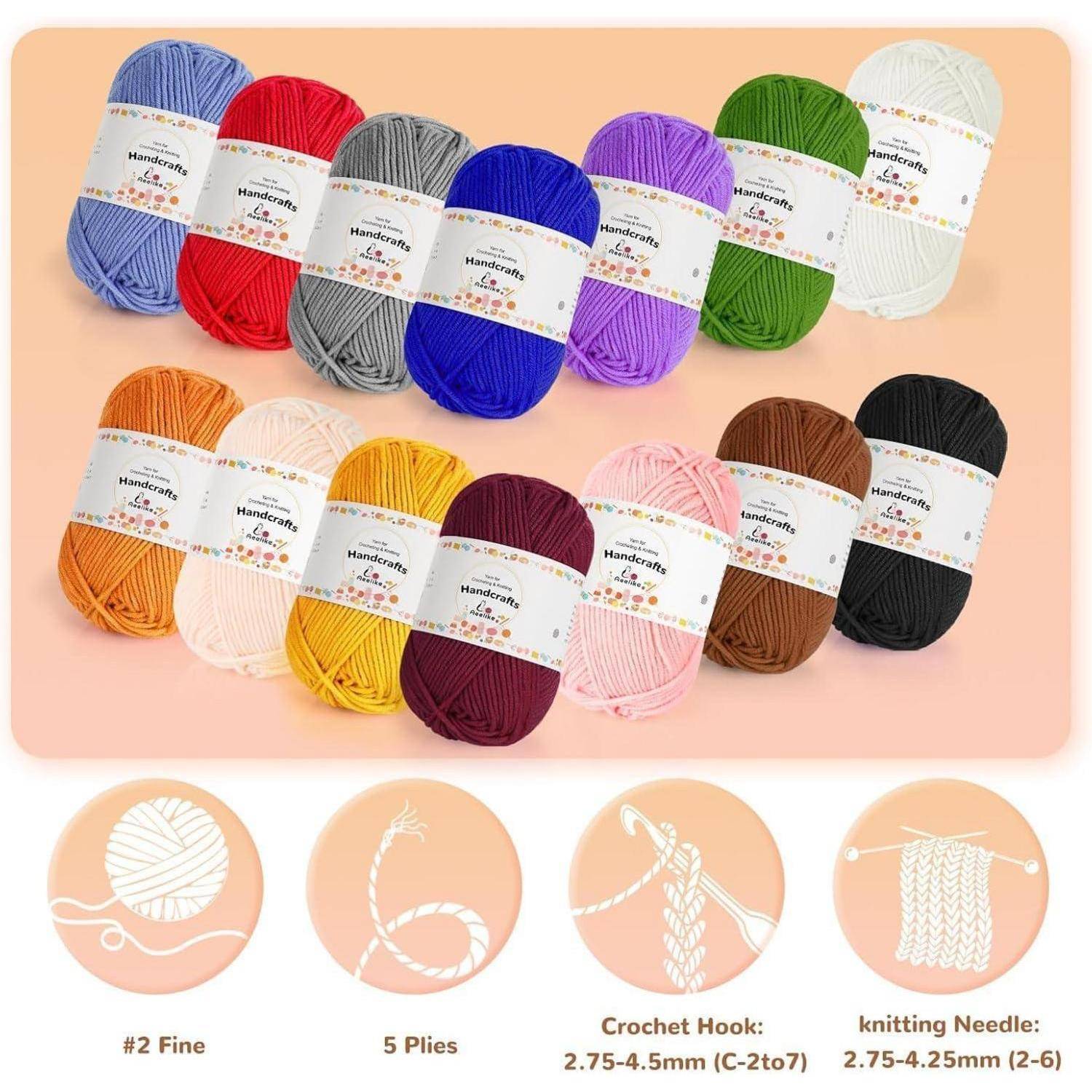 Handarbeit Handwerk' Garne in verschiedenen Farben, angeordnet in zwei Reihen. Beinhaltet Häkelnadeln (2,75-4,5 mm) und Stricknadeln (2,75-4,25 mm).