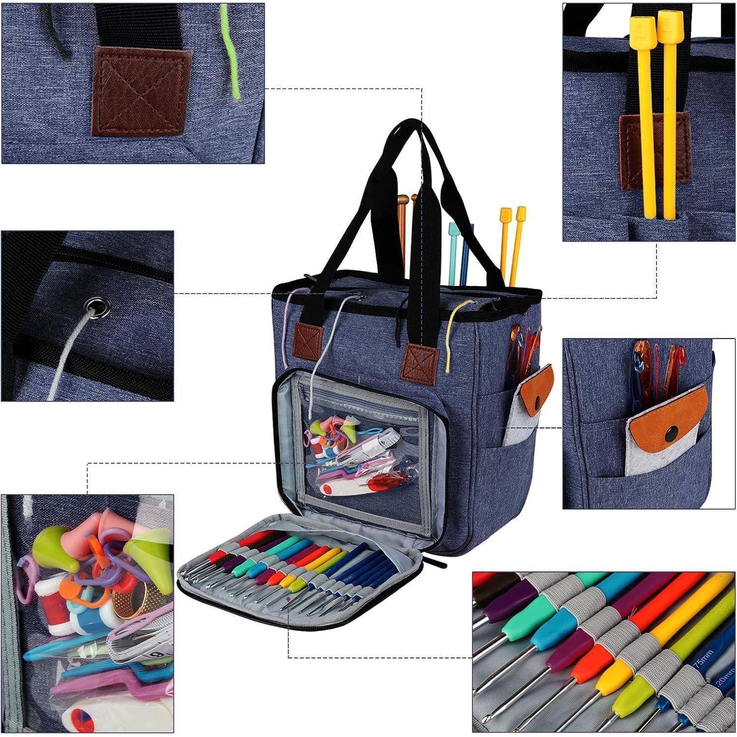 Aufbewahrungstasche für Handarbeiten mit verschiedenen Taschen und Fächern, die Stricknadeln, Garn, Schere, Maßband und bunte Stifte aufnehmen kann.