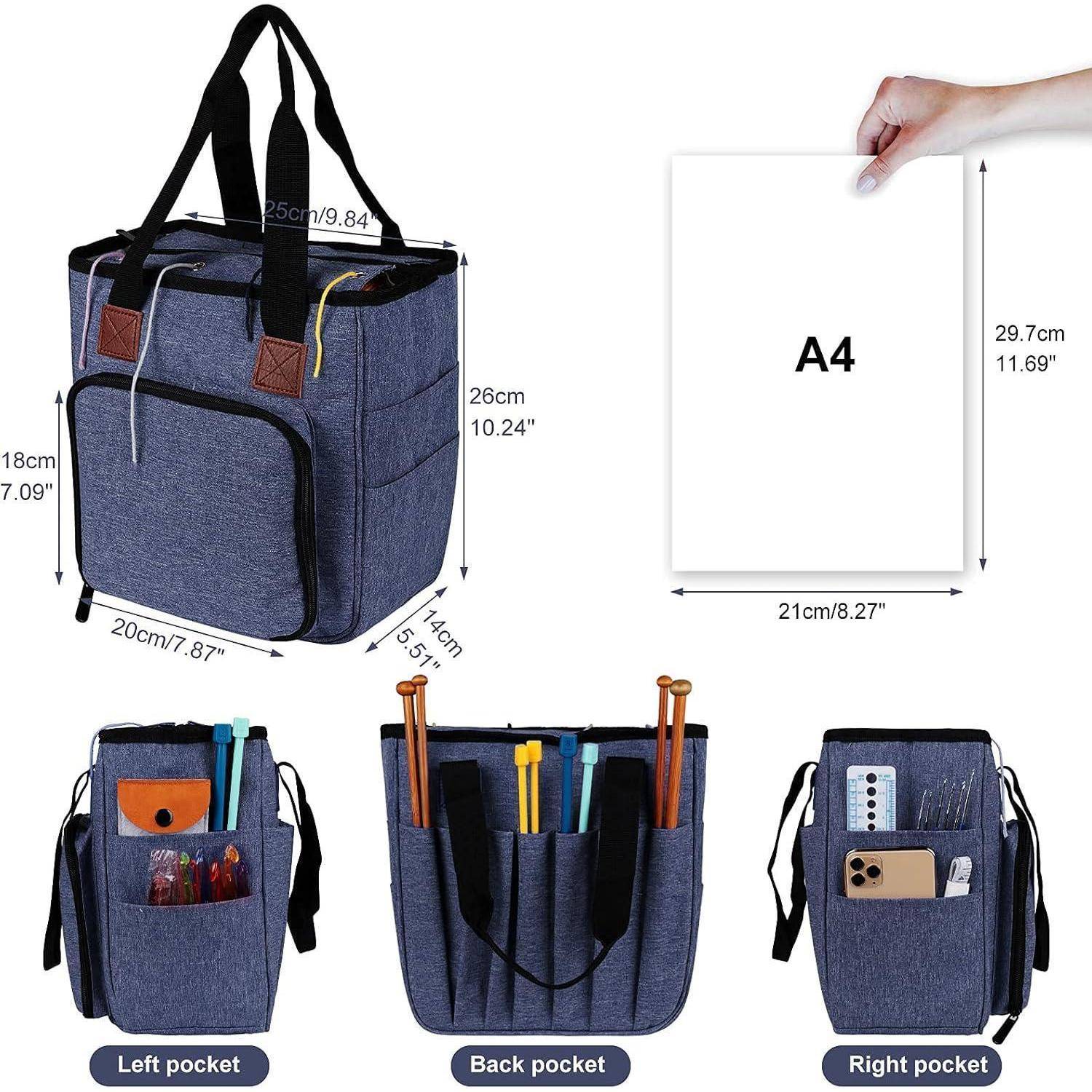 Organizer-Tasche mit mehreren Fächern, gezeigt mit Schreibwaren und einem Smartphone im Inneren. Größenvergleich mit DIN-A4-Papierformat als Maßreferenz.