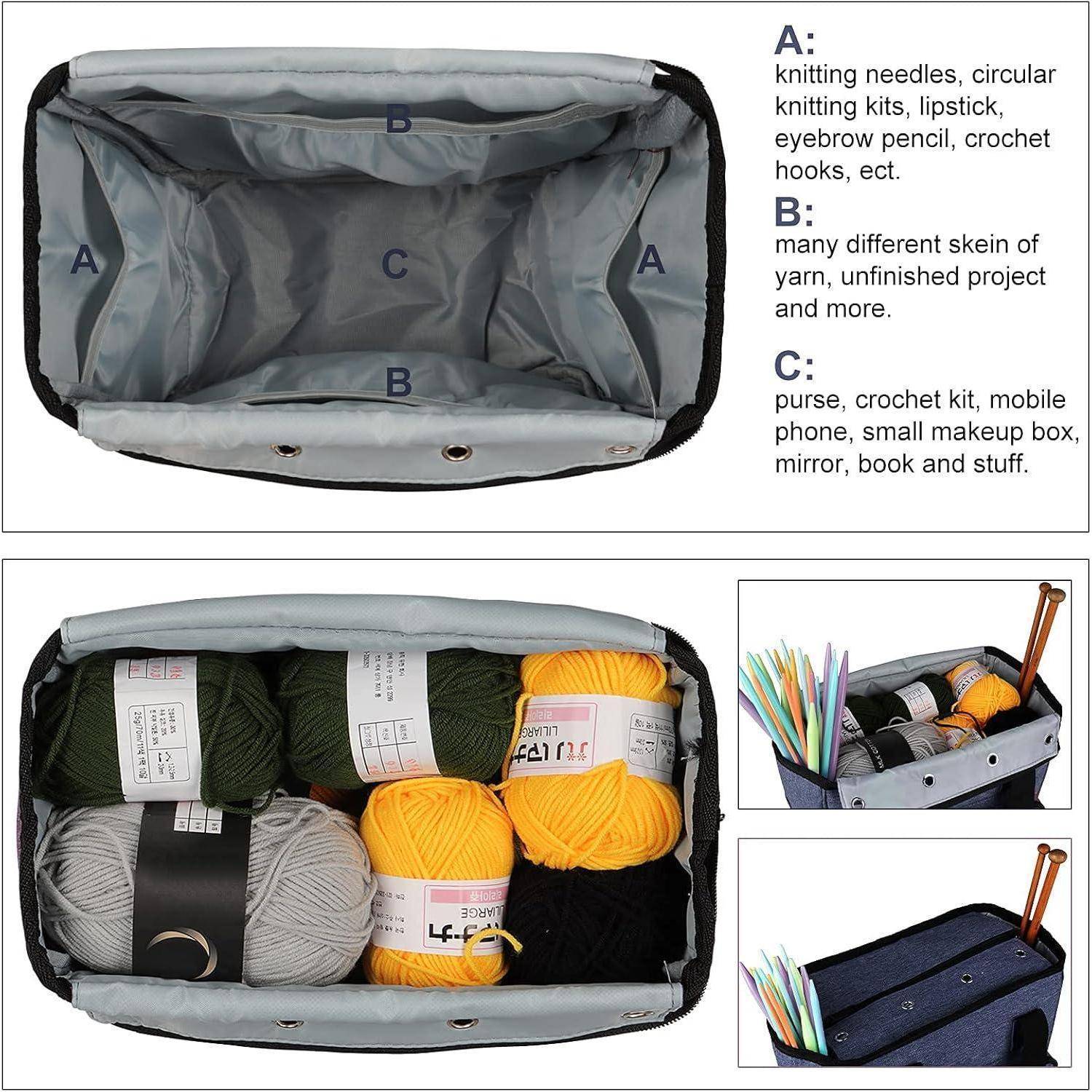 Draufsicht einer Tasche mit gekennzeichneten Fächern 'A', 'B', 'C'. 'A' enthält Strick- und Make-up-Utensilien. 'B' beinhaltet Garn und unfertige Projekte. 'C' bewahrt kleine persönliche Gegenstände auf.