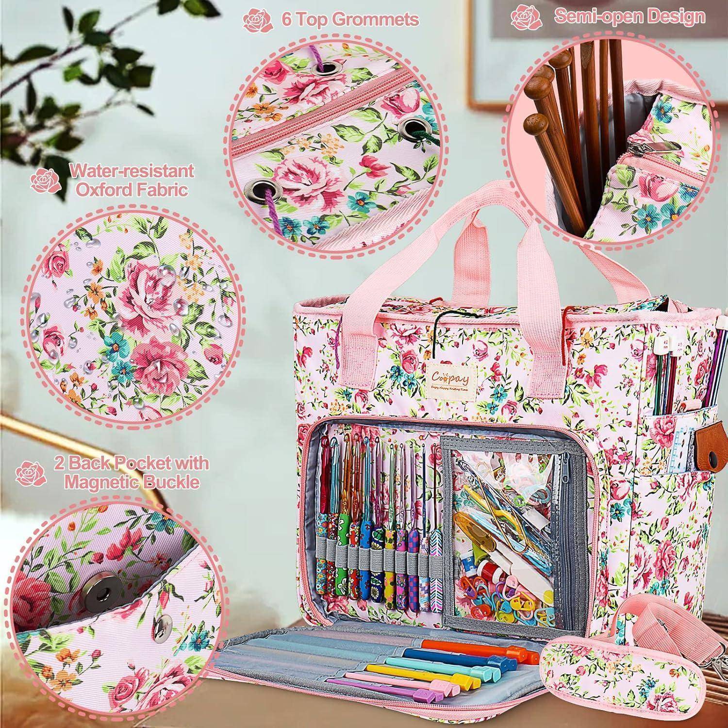 Craft-Tasche mit pinkem Blumenmuster, gefertigt aus wasserabweisendem Oxford-Stoff, halboffenes Design und mehreren Taschen zur Organisation.