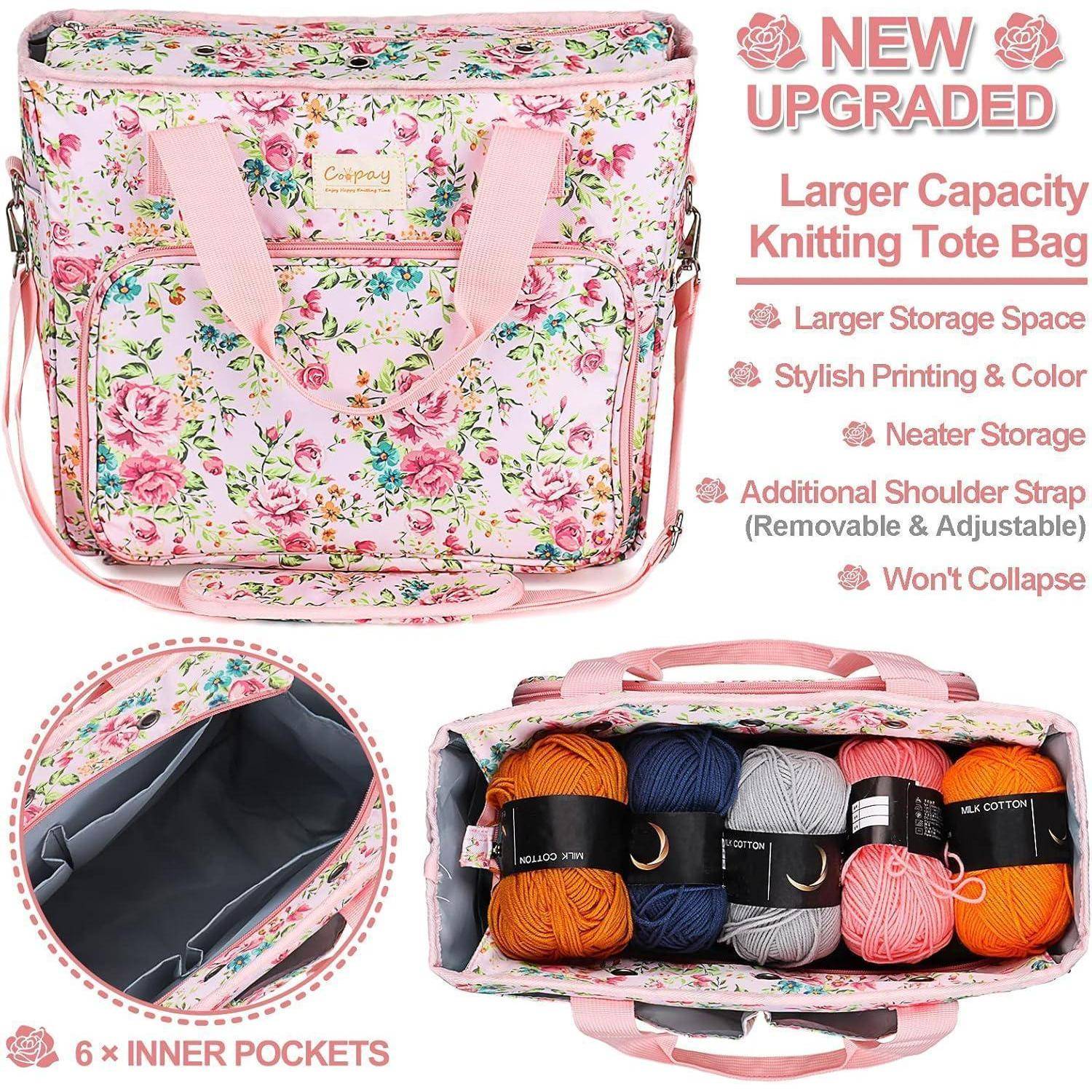 Florale Stricktasche mit größerer Kapazität, ausgestattet mit sechs inneren Taschen, verstellbarem Schultergurt und Platz für Garn.