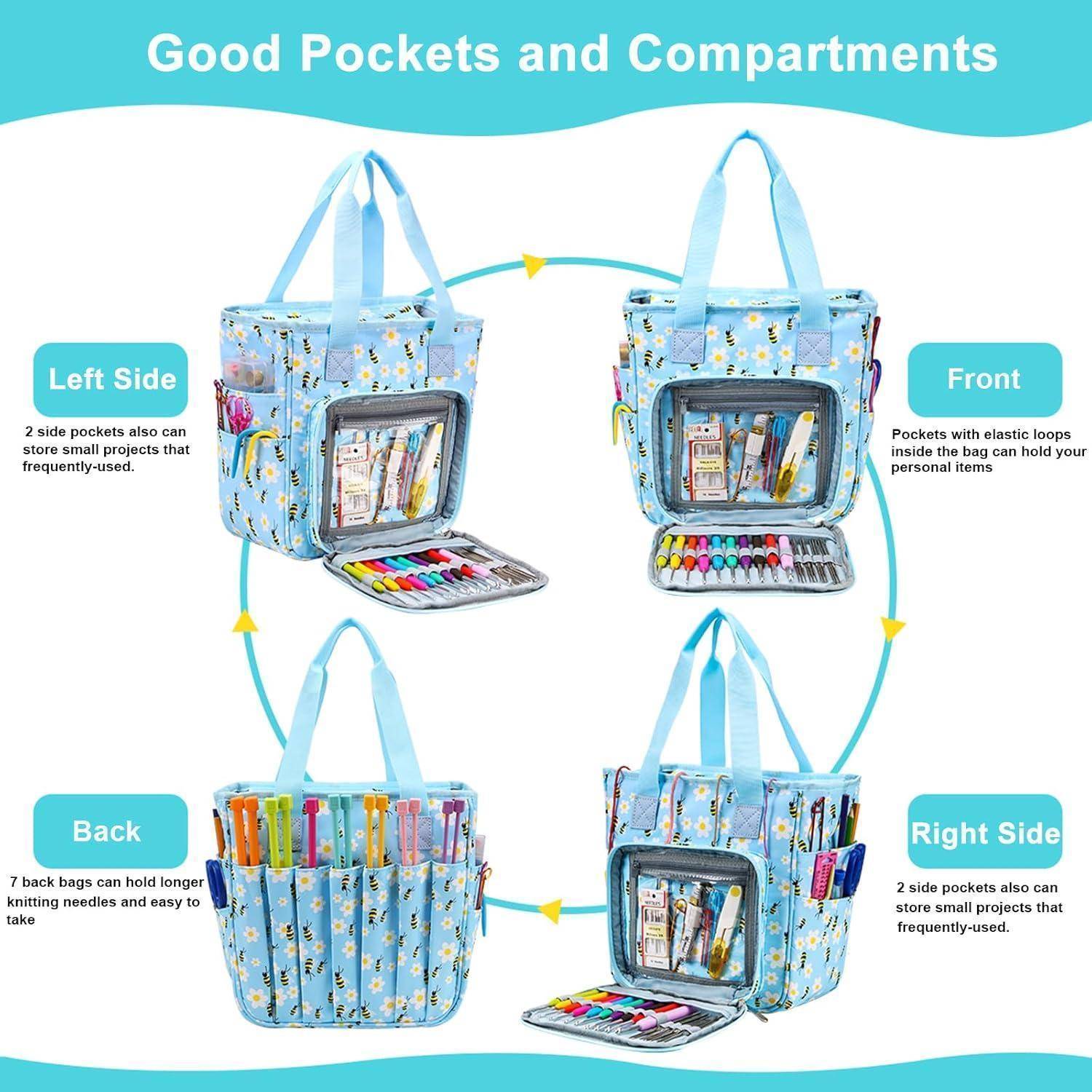 Ein blauer Werkzeugorganizer wird gezeigt, der mehrere Fächer für Künstlerbedarf enthält, mit Seiten- und Frontfächern sowie einem Griff für einfachen Transport.