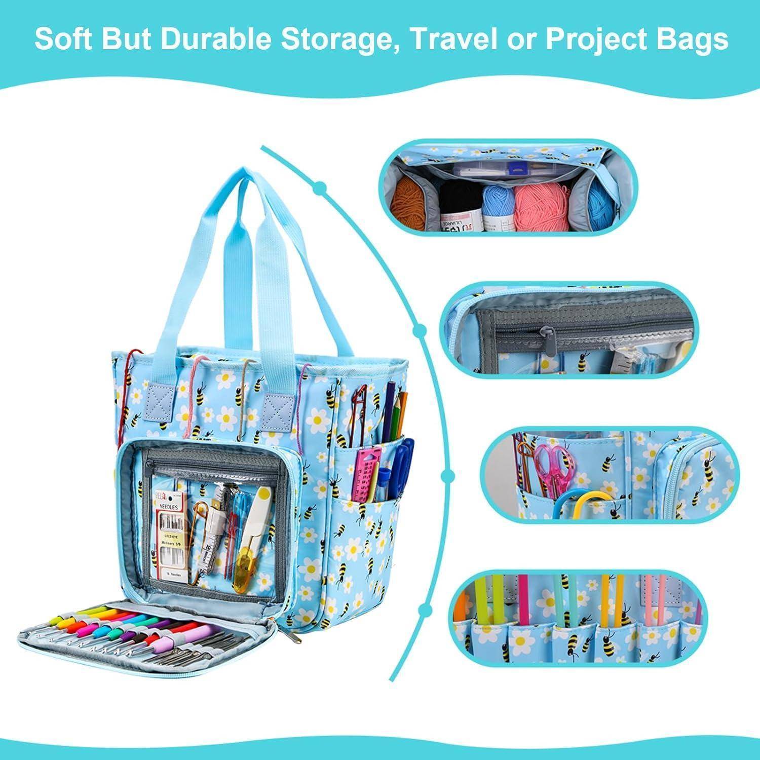 Weiche, aber haltbare Aufbewahrungs-, Reise- oder Projektbeutel: Blauer Beutel mit Blumenmuster, mehrere Taschen zum Organisieren von Bastelbedarf und Materialien, zeigt Garn, Werkzeuge und Marker.