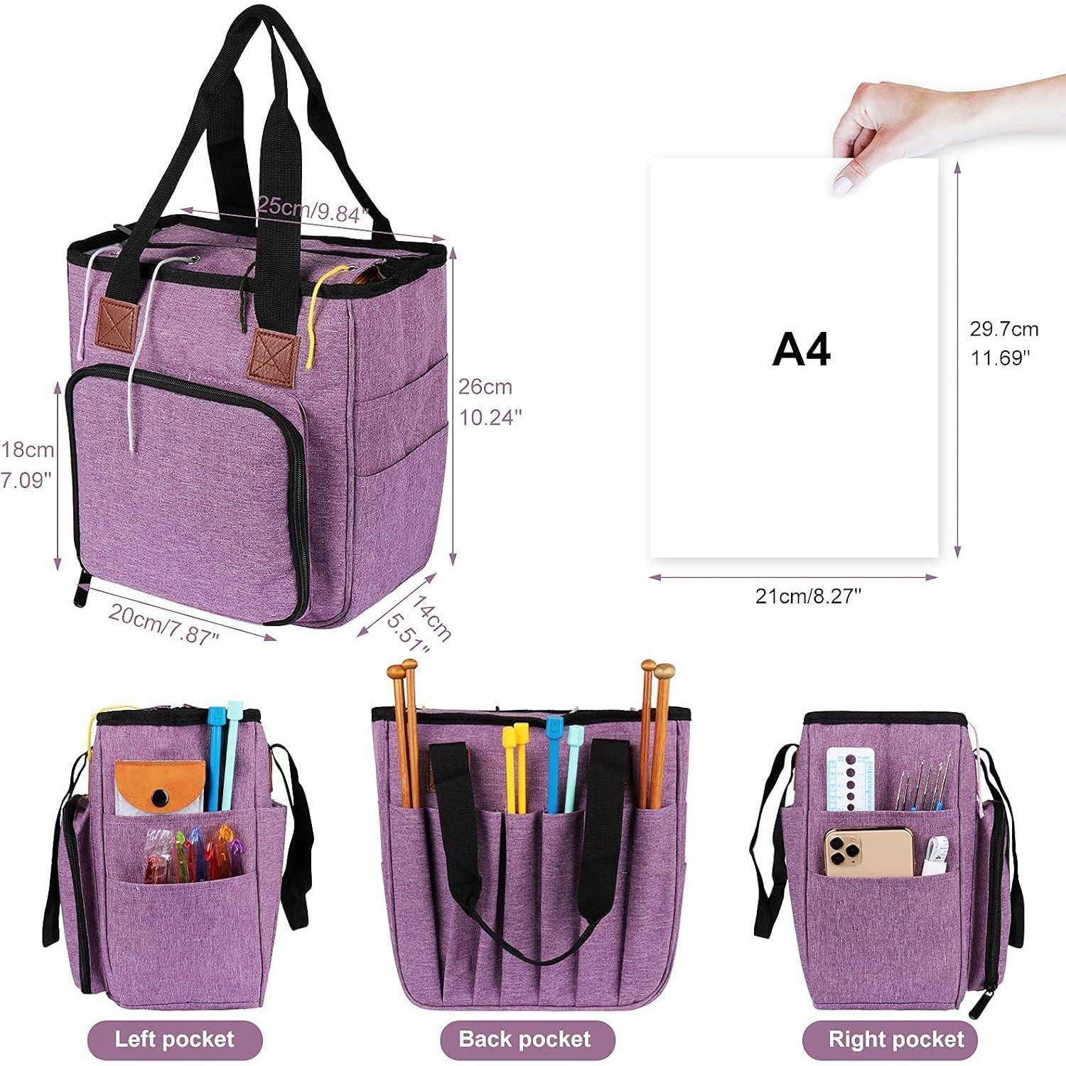 Lila Handtaschenorganizer mit zwei Griffen, mehreren Taschen für Gegenstände wie Stifte und ein Handy. Größenvergleich mit A4-Papier dargestellt.