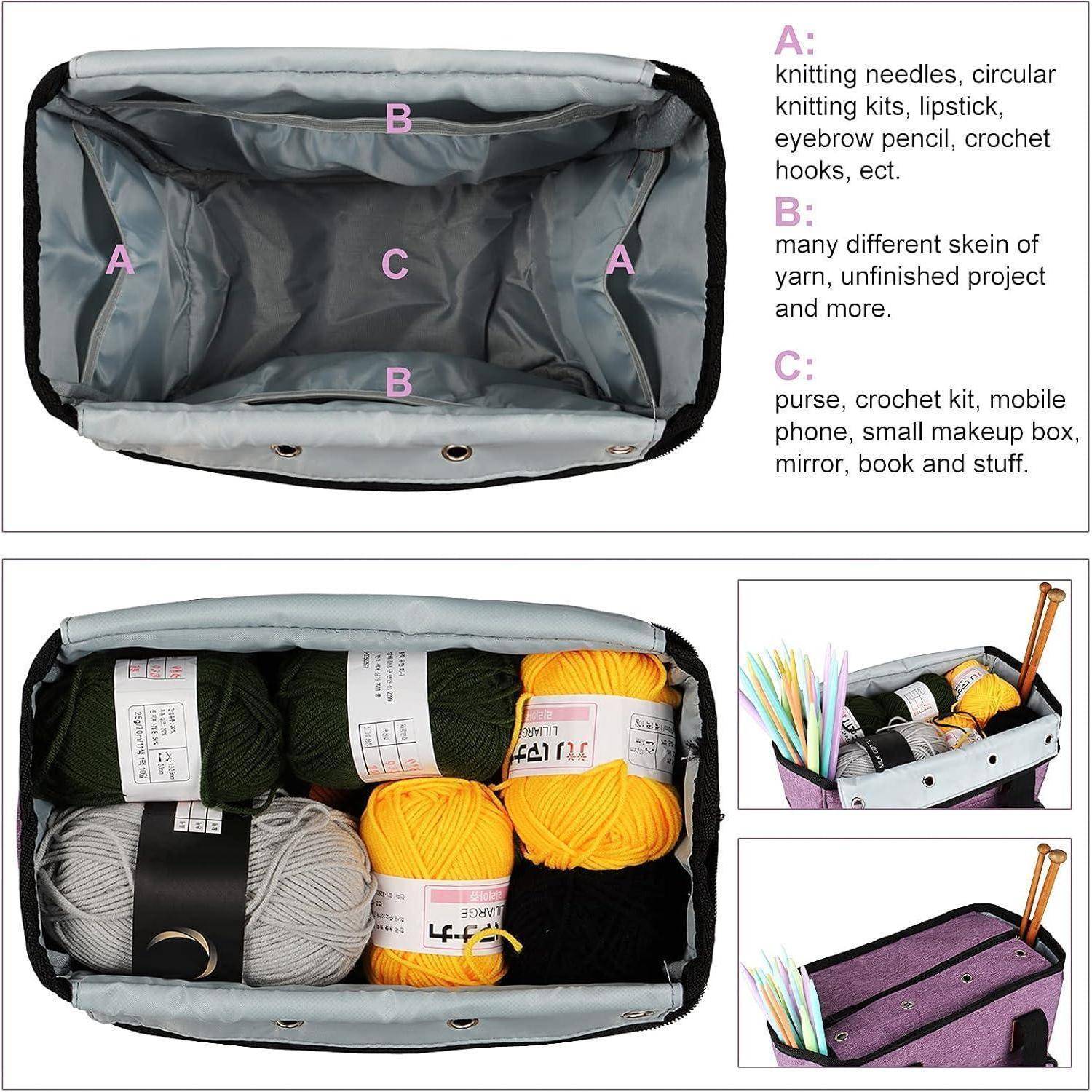 Draufsicht einer offenen geteilten Aufbewahrungstasche mit beschrifteten Abschnitten: 'A' für kleine Gegenstände, 'B' für Garn und 'C' für persönliche Gegenstände.