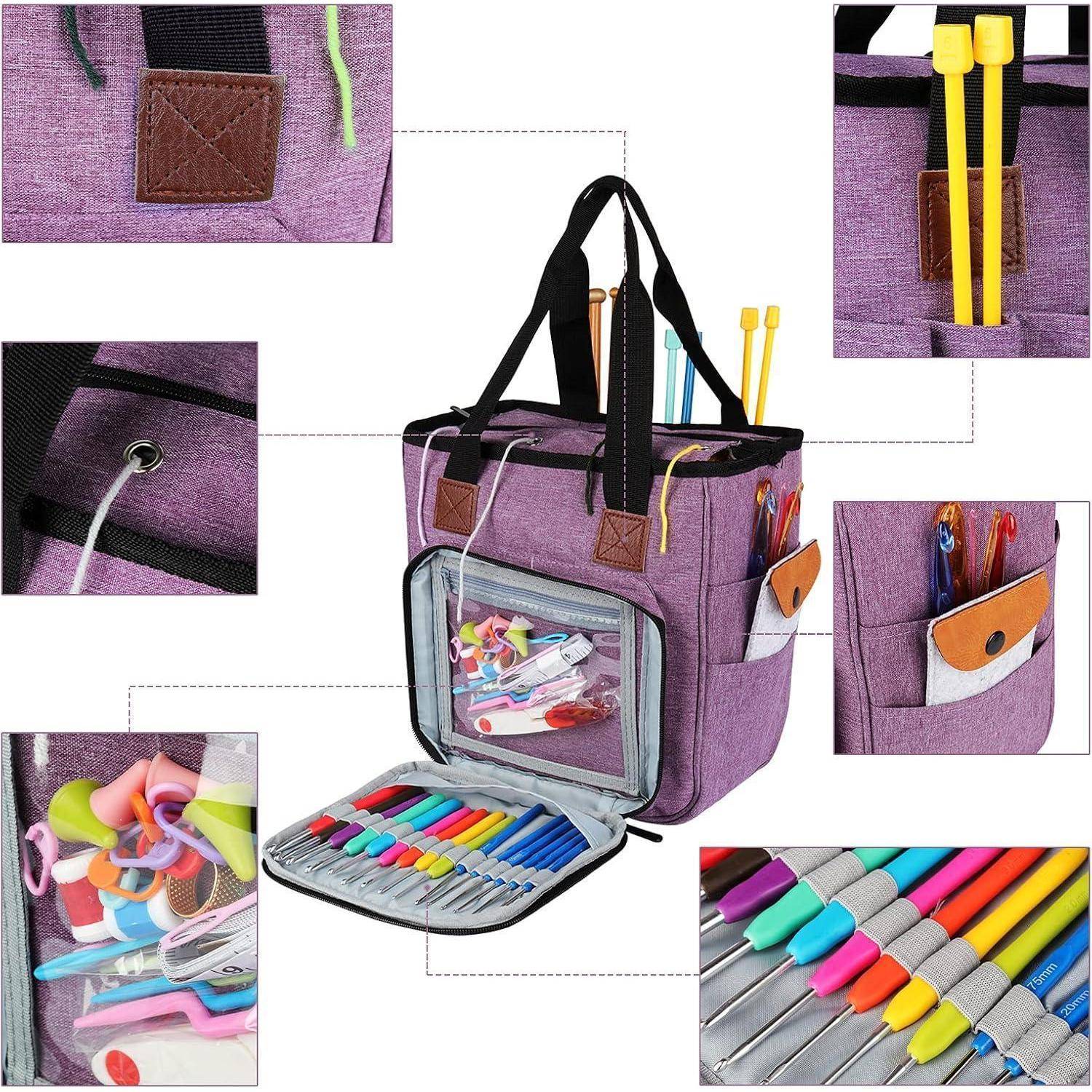 Ein lila Organizer für Bastelmaterial zeigt Stricknadeln, Häkelnadeln und bunte Filzstifte in verschiedenen Taschen und Fächern.