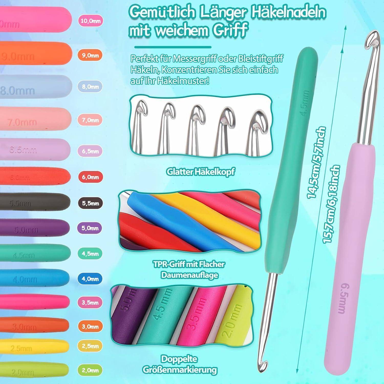Bunte Häkelnadeln mit weichen Griffen in verschiedenen Größen (2,0 mm bis 10,0 mm). Hauptnadel ist grün und misst 14,5 cm, 5,7 Zoll.