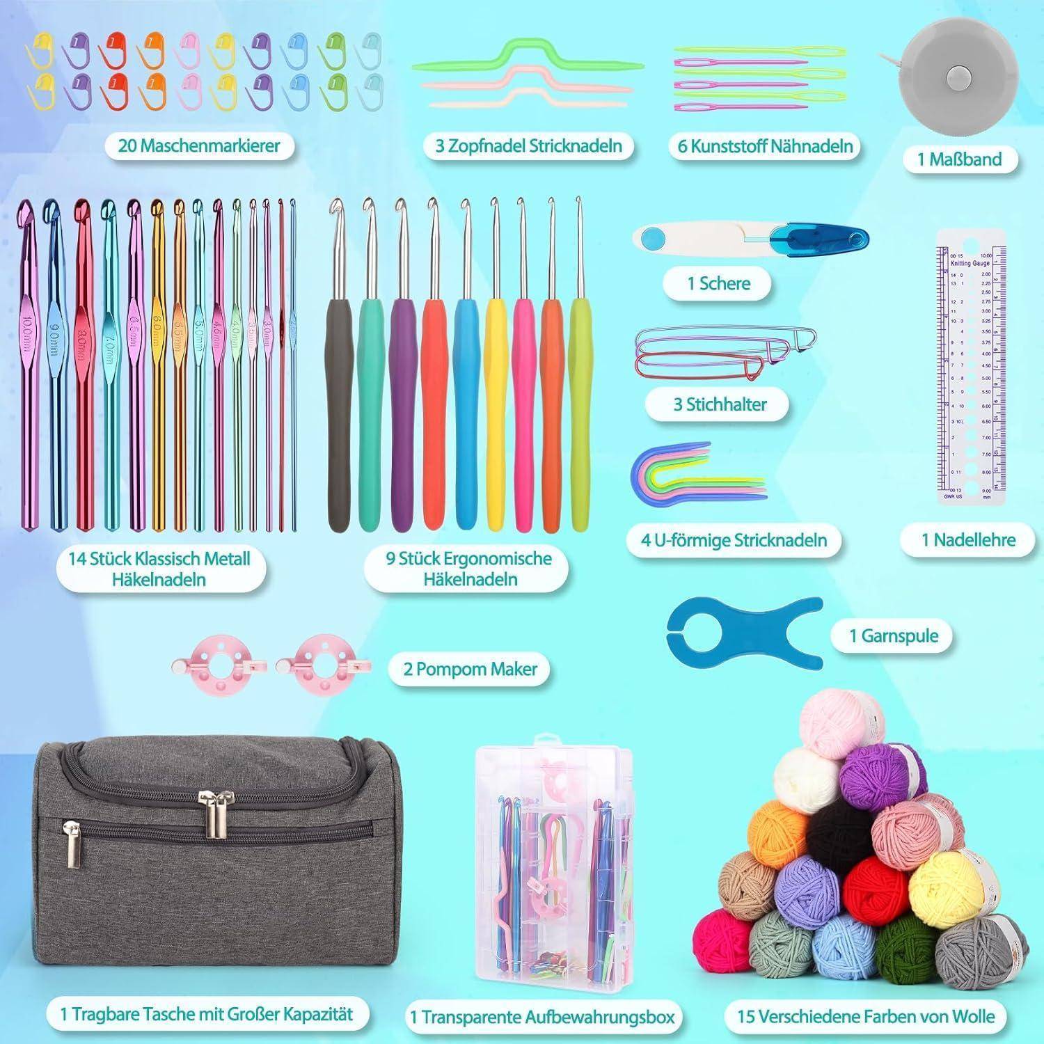 Häkelset mit verschiedenen Häkelnadeln, Maschenmarkierern, Messutensilien, Garn und einer Aufbewahrungstasche. Enthält Metall- und ergonomische Häkelnadeln sowie Zubehör.