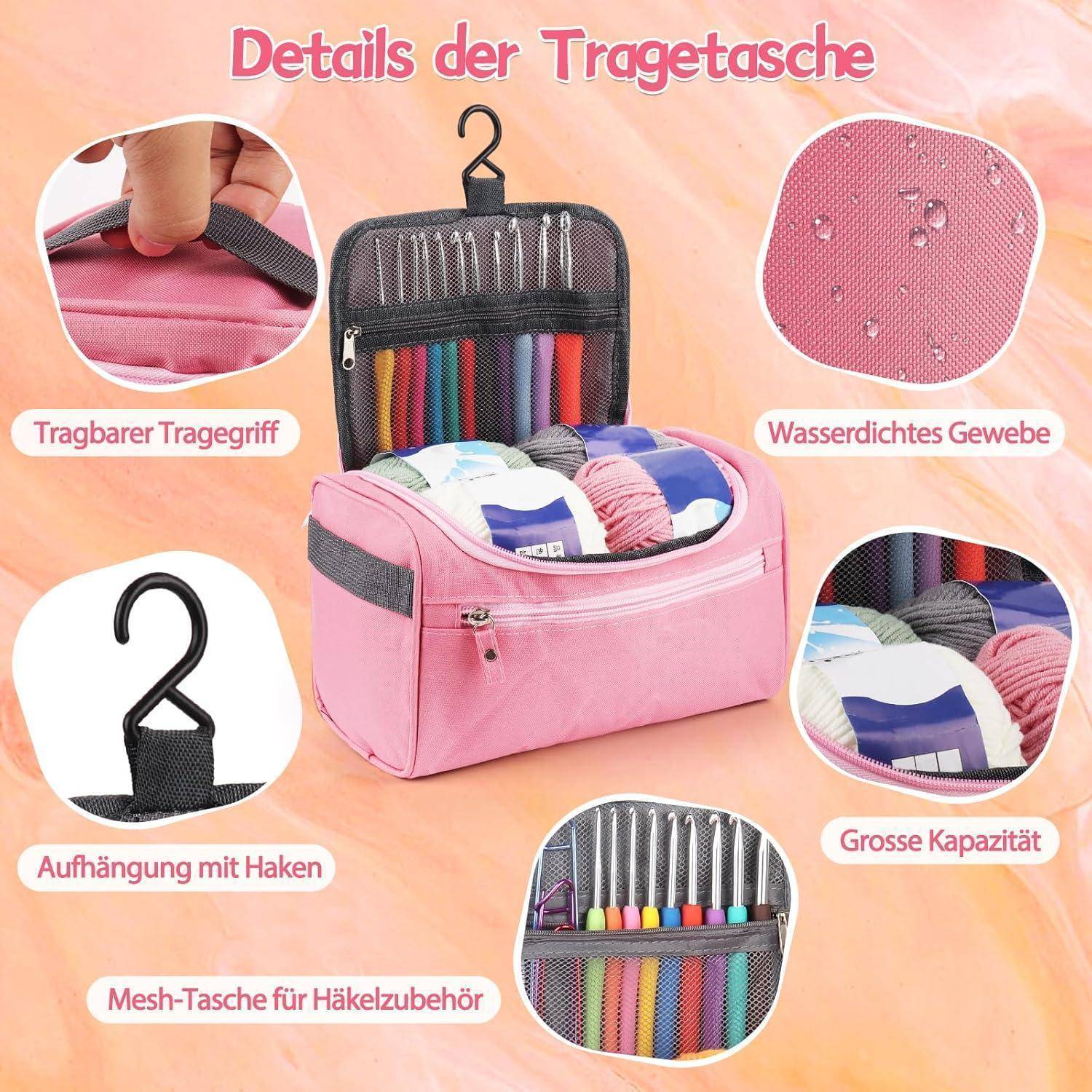 Häkelset ergonomische Häkelnadeln 73tlg 2mm 10mm Wolle Rosa