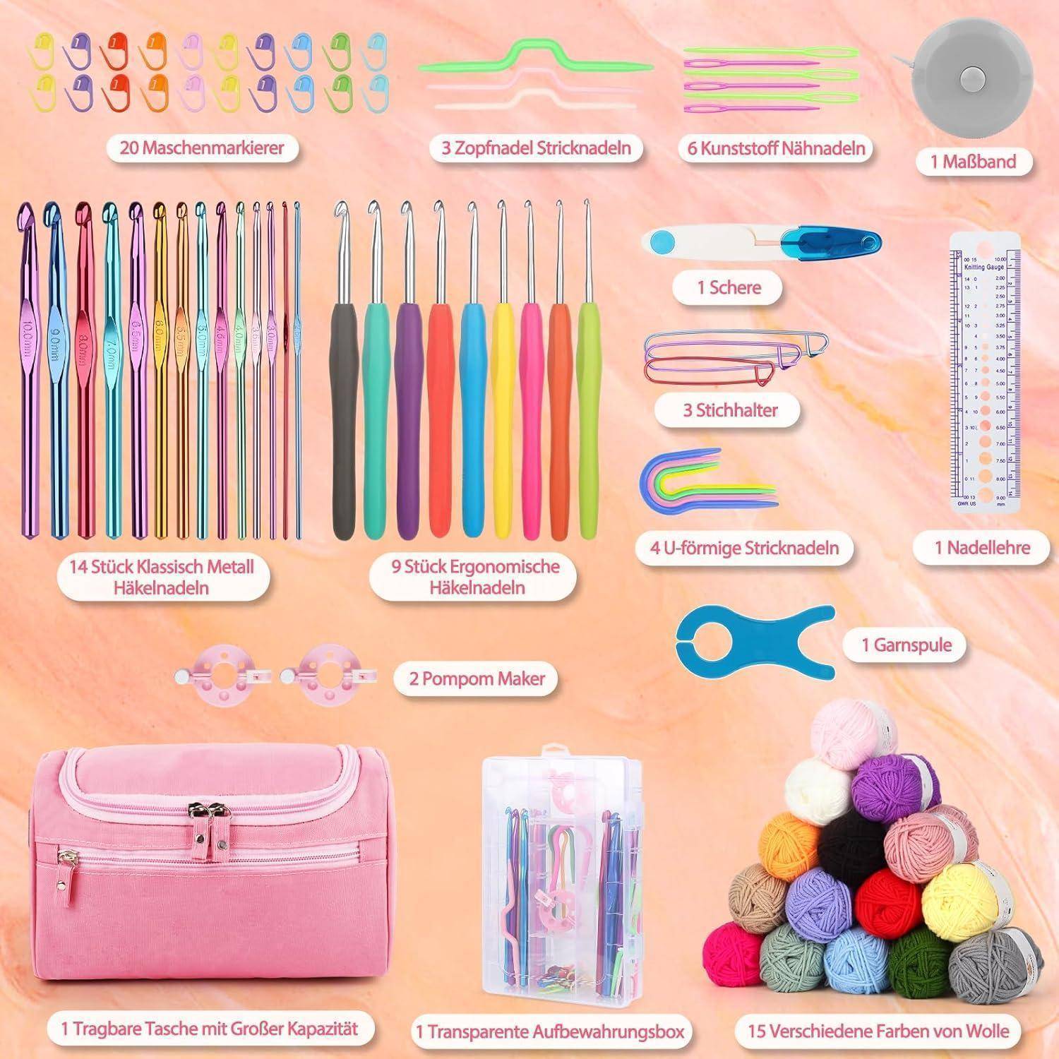 Set mit Häkel- und Strickwerkzeugen, bestehend aus Häkelnadeln, Maschenmarkierern, Schere, Maßband, Wollnadeln, Aufbewahrungsbox und verschiedenen Garnarten.
