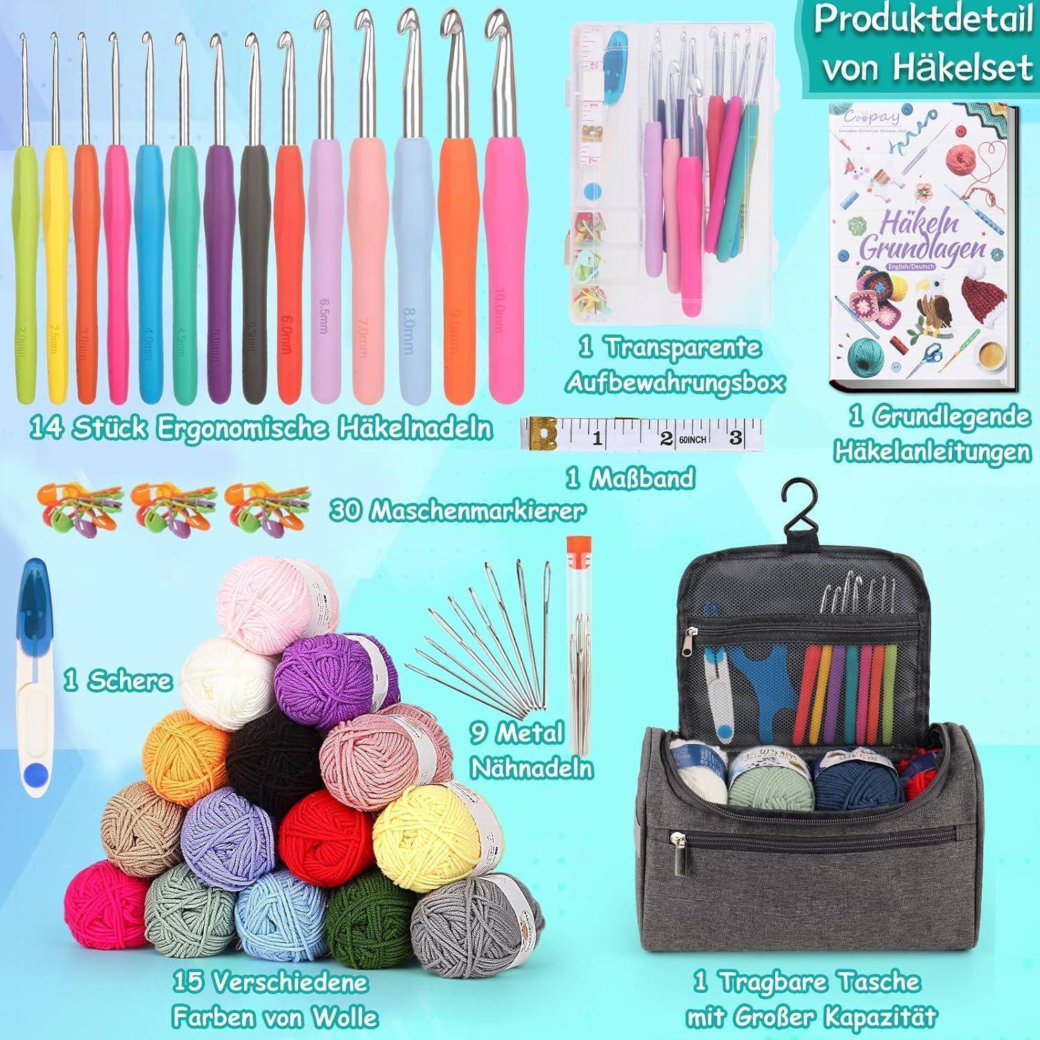 Häkelset umfasst ergonomische Häkelnadeln, Garn, Aufbewahrungsbox, Markierer, Nadeln, Schere, Maßband und einen Grundleitfaden in einer Tragetasche.