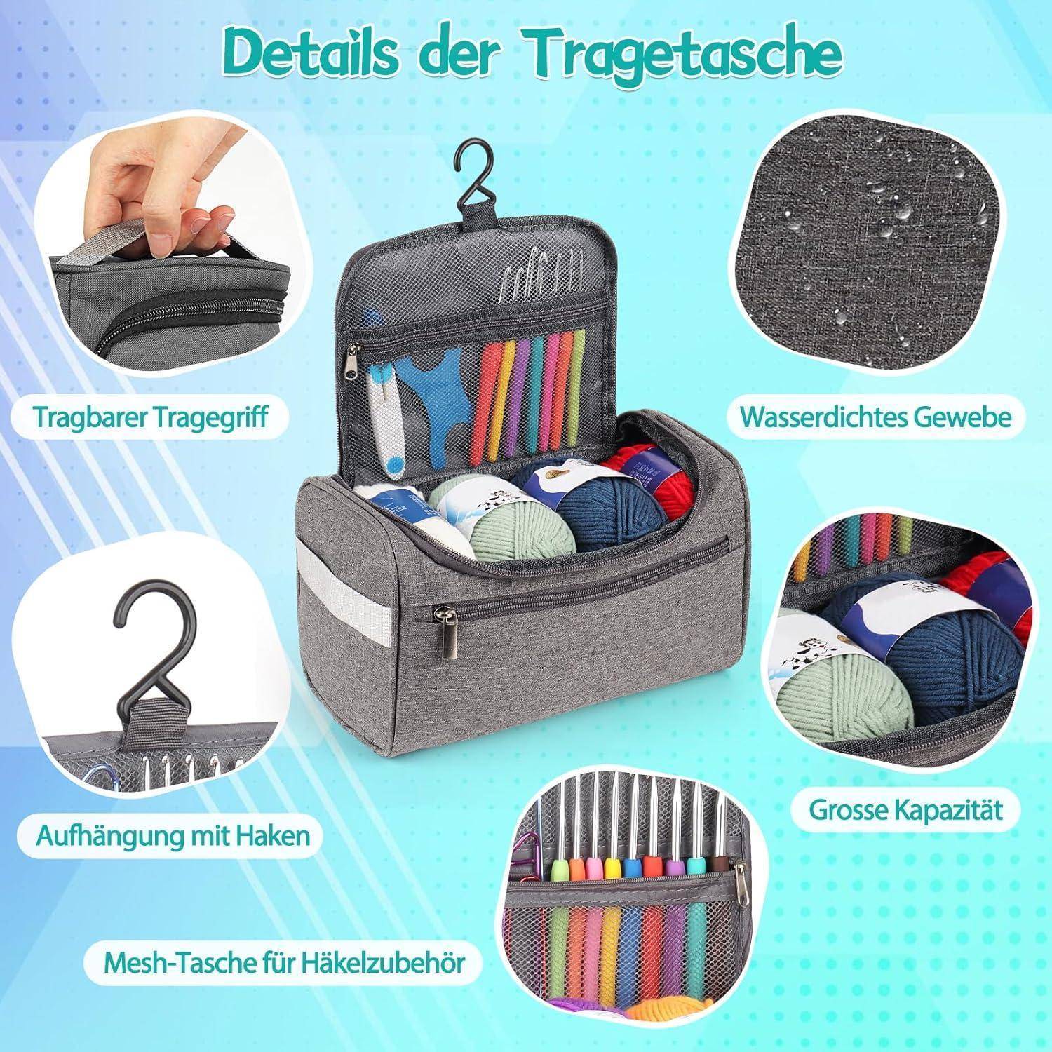 Eine graue Stricktasche mit verstärktem Griff, wasserdichtem Stoff, großem Fassungsvermögen, Netzfach für Zubehör und Aufhängehaken.