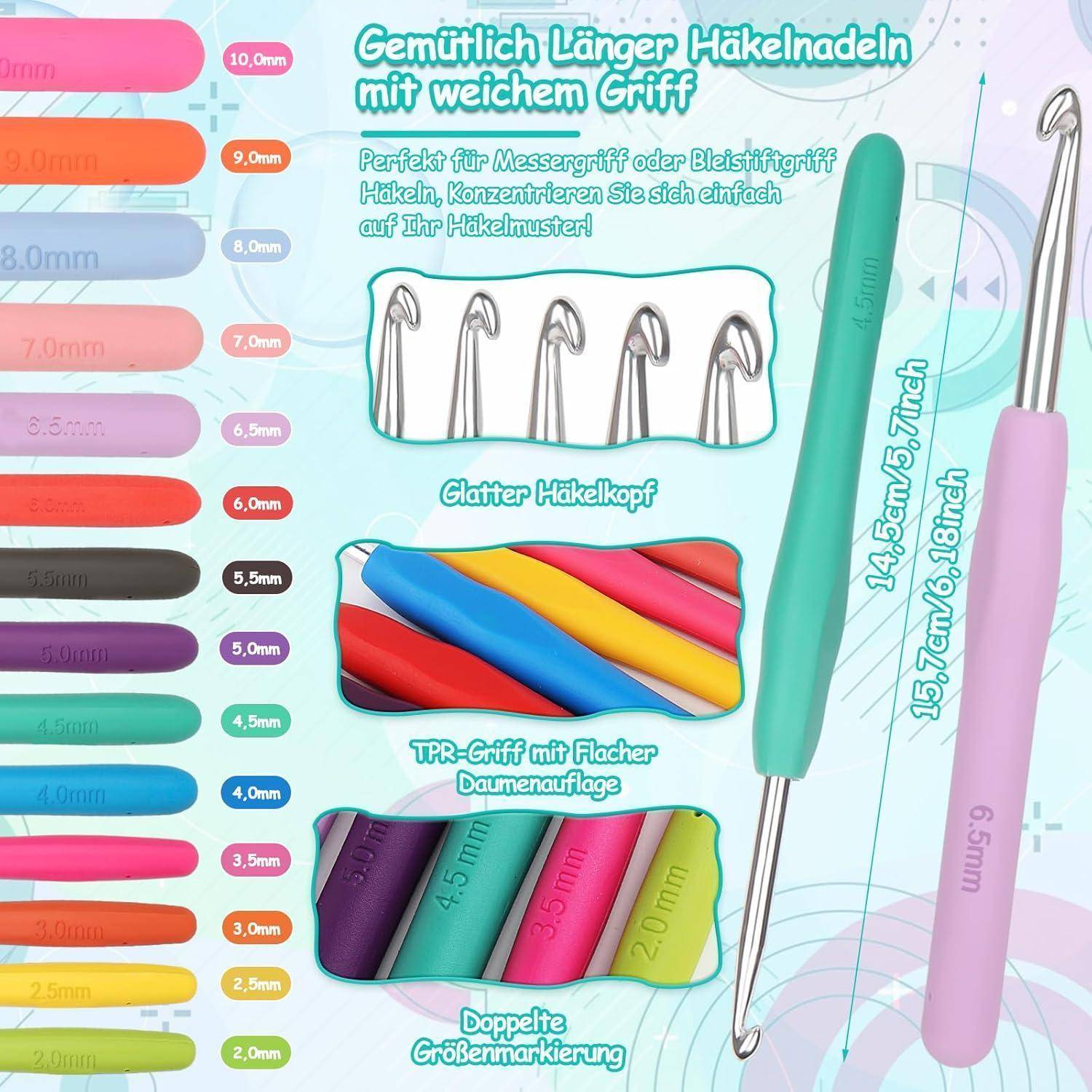 Bunte Häkelnadeln mit weichen Griffen, nach Größe beschriftet, im Bereich von 2,5 mm bis 8,0 mm. Hervorgehobene Merkmale sind das ergonomische Handgriffdesign und die Größenmarkierungen.