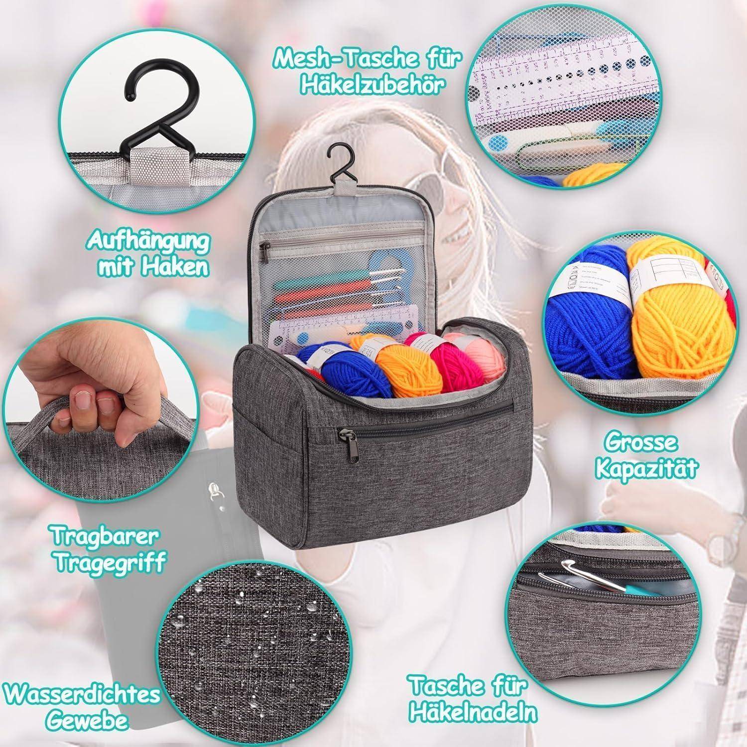 Eine graue Häkel-Accessoire-Tasche mit Aufhängehaken, die Netztaschen, einen tragbaren Griff, wasserdichten Stoff und großes Fassungsvermögen aufweist.