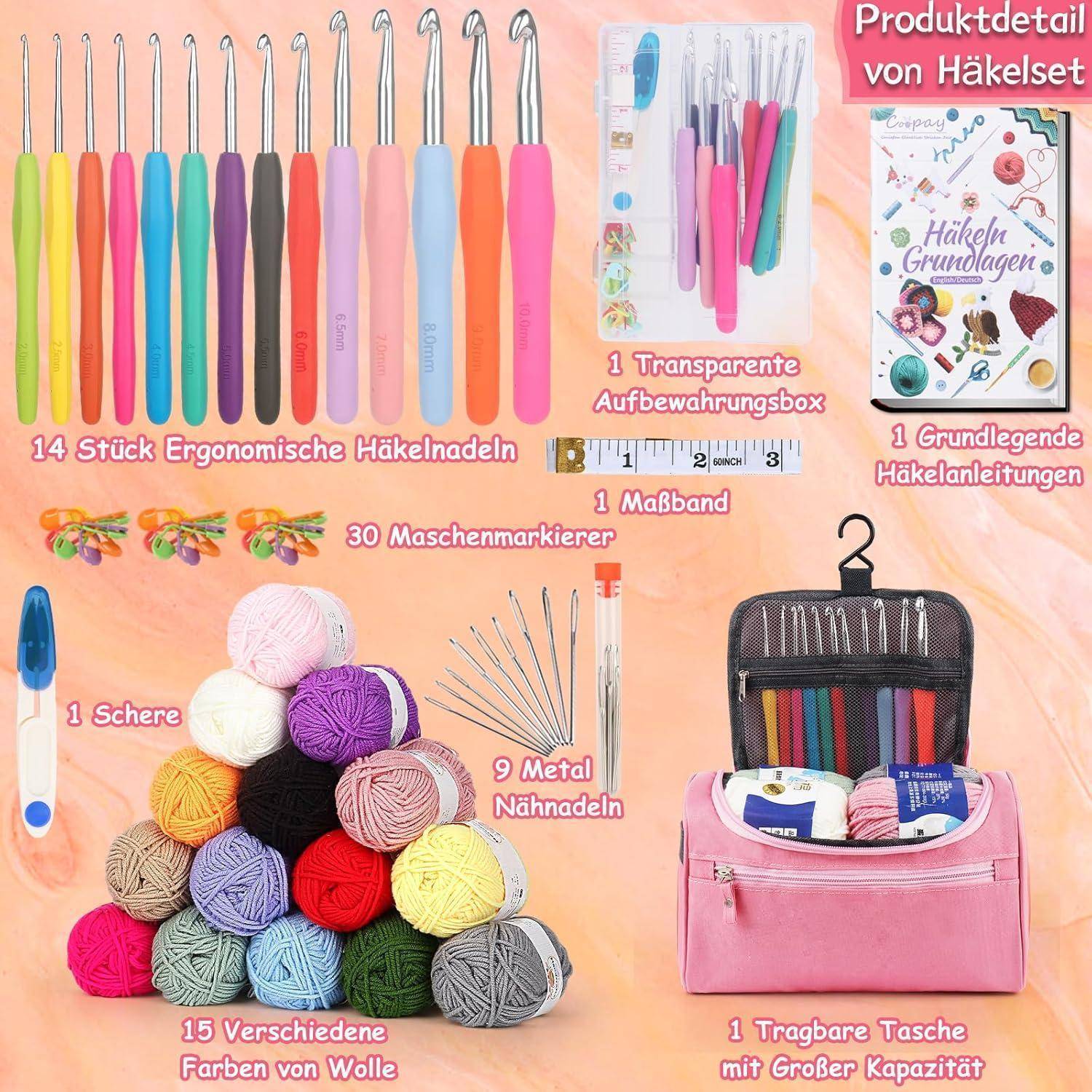 Häkelset enthält 14 ergonomische Häkelnadeln, 15 Garnfarben, Schere, Maßband, Plastikmarkierer, Nadeln, Box, Anleitung und eine Tragetasche.