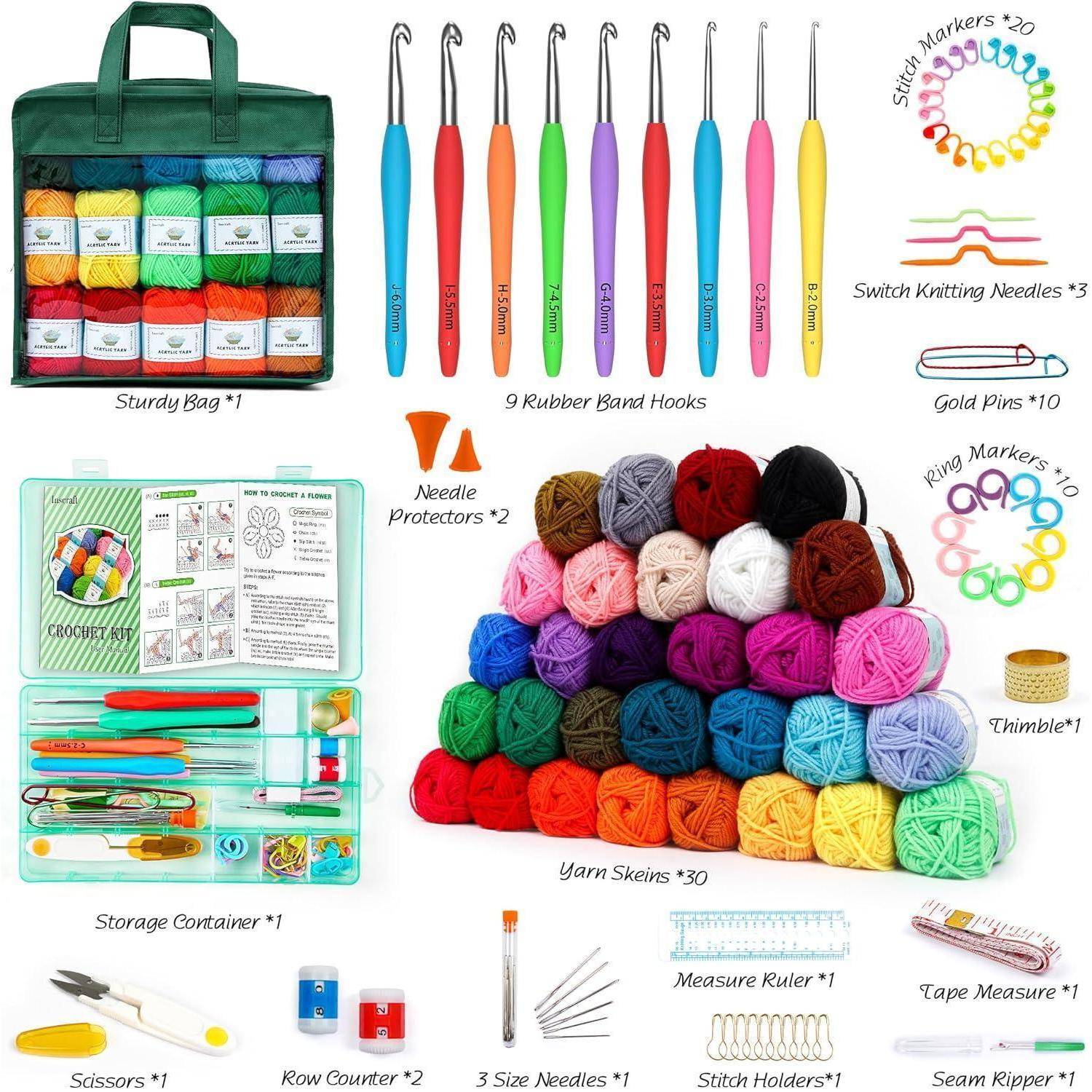 Häkel-Set inklusive Garn, Haken, Maschenmarkierern und Werkzeugen. Bietet eine Aufbewahrungsbox, mehrere Garnfarben und essenzielle Zubehörteile zum Basteln.
