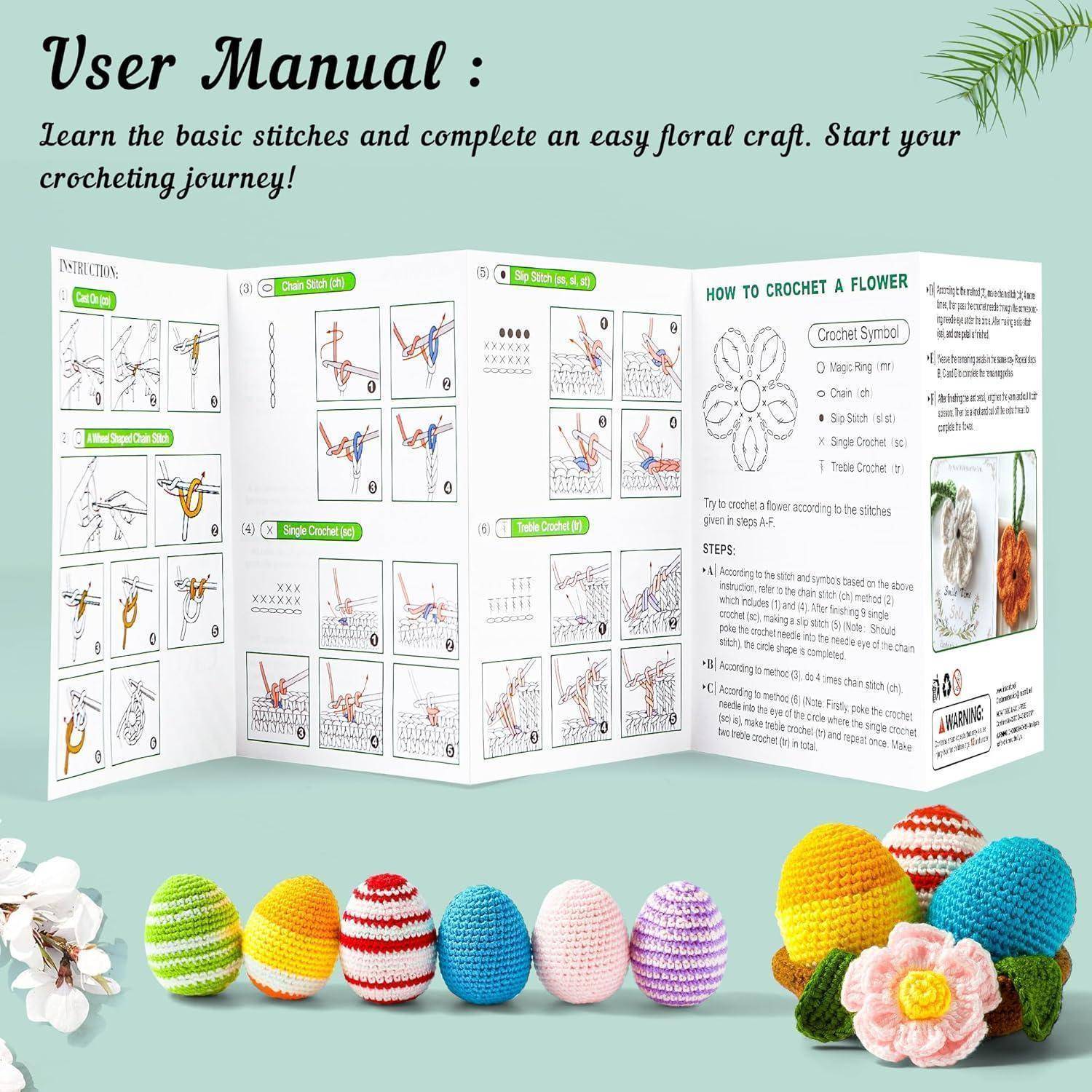 Benutzerhandbuch: Erlernen Sie Grundmaschen und fertigen Sie ein Blumenhandwerk an. Zeigt Häkelsymbole und bunte gehäkelte Eier und Blumen.