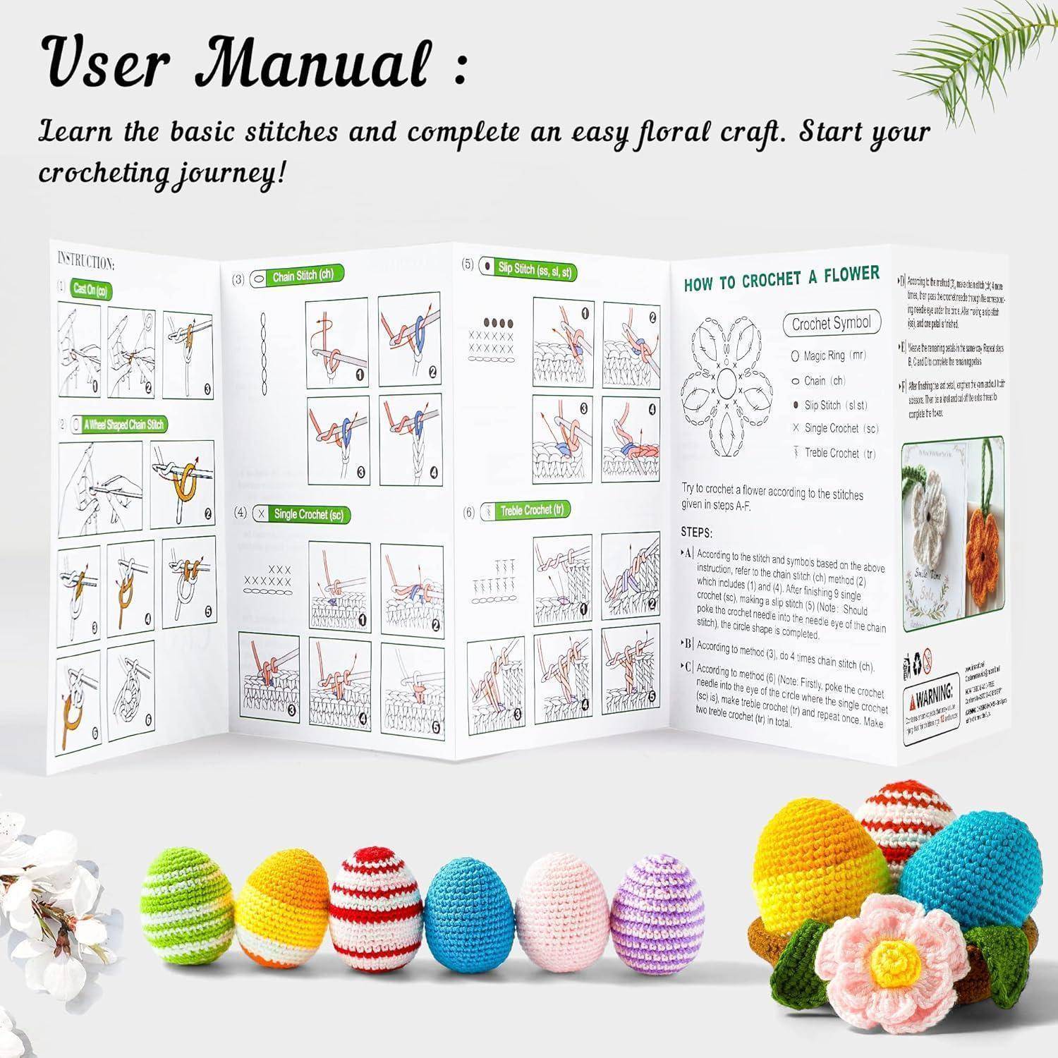 Anleitung für grundlegende Häkelmaschen und Blumenhandwerk. Enthält schrittweise Illustrationen. Bunte gehäkelte Eier werden im Vordergrund präsentiert.