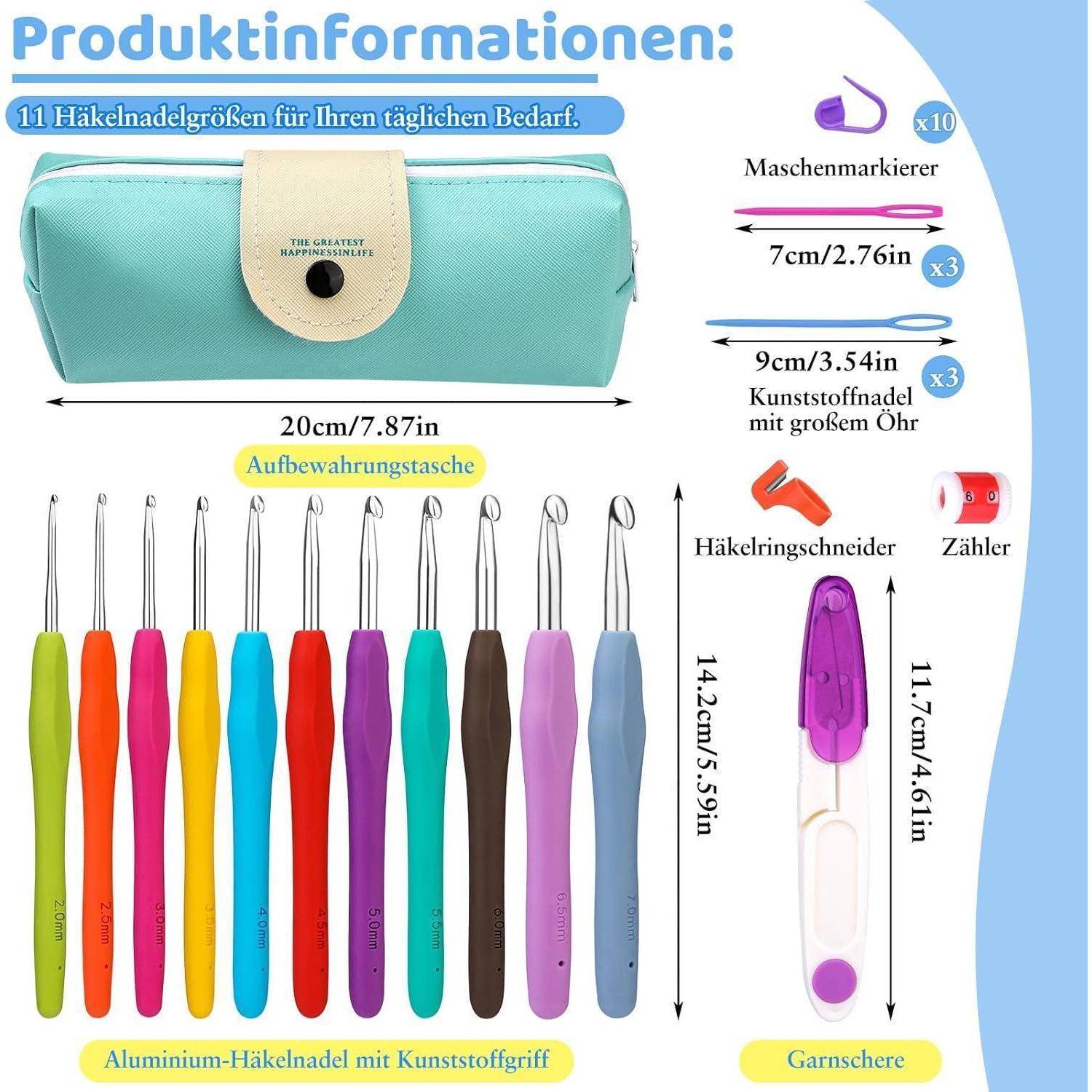 Häkelnadel Set 11 Größen 32 Stück Etui 2 mm 3 mm 4 mm 5 mm 6 mm 7 mm