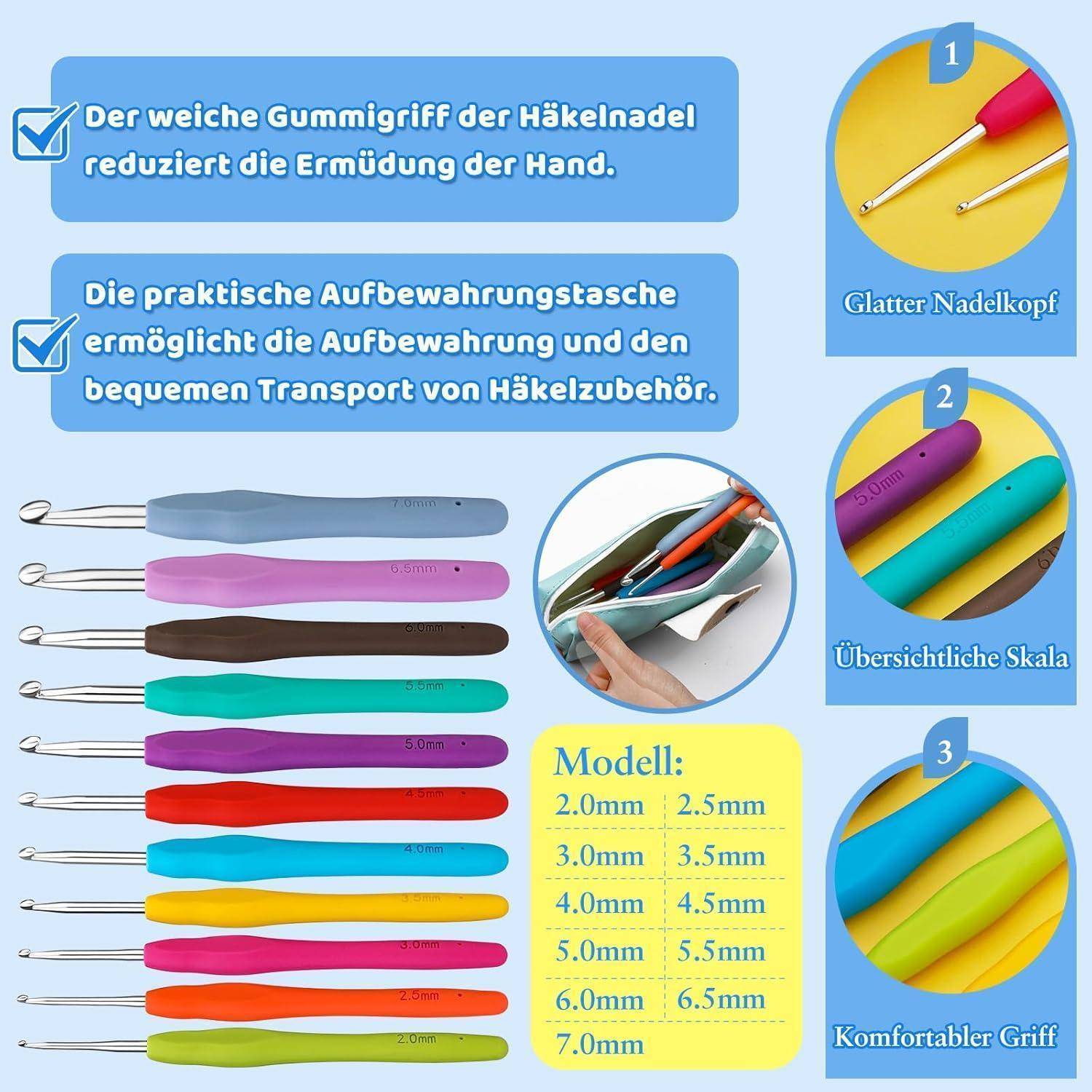 Häkelnadel Set 11 Größen 32 Stück Etui 2 mm 3 mm 4 mm 5 mm 6 mm 7 mm