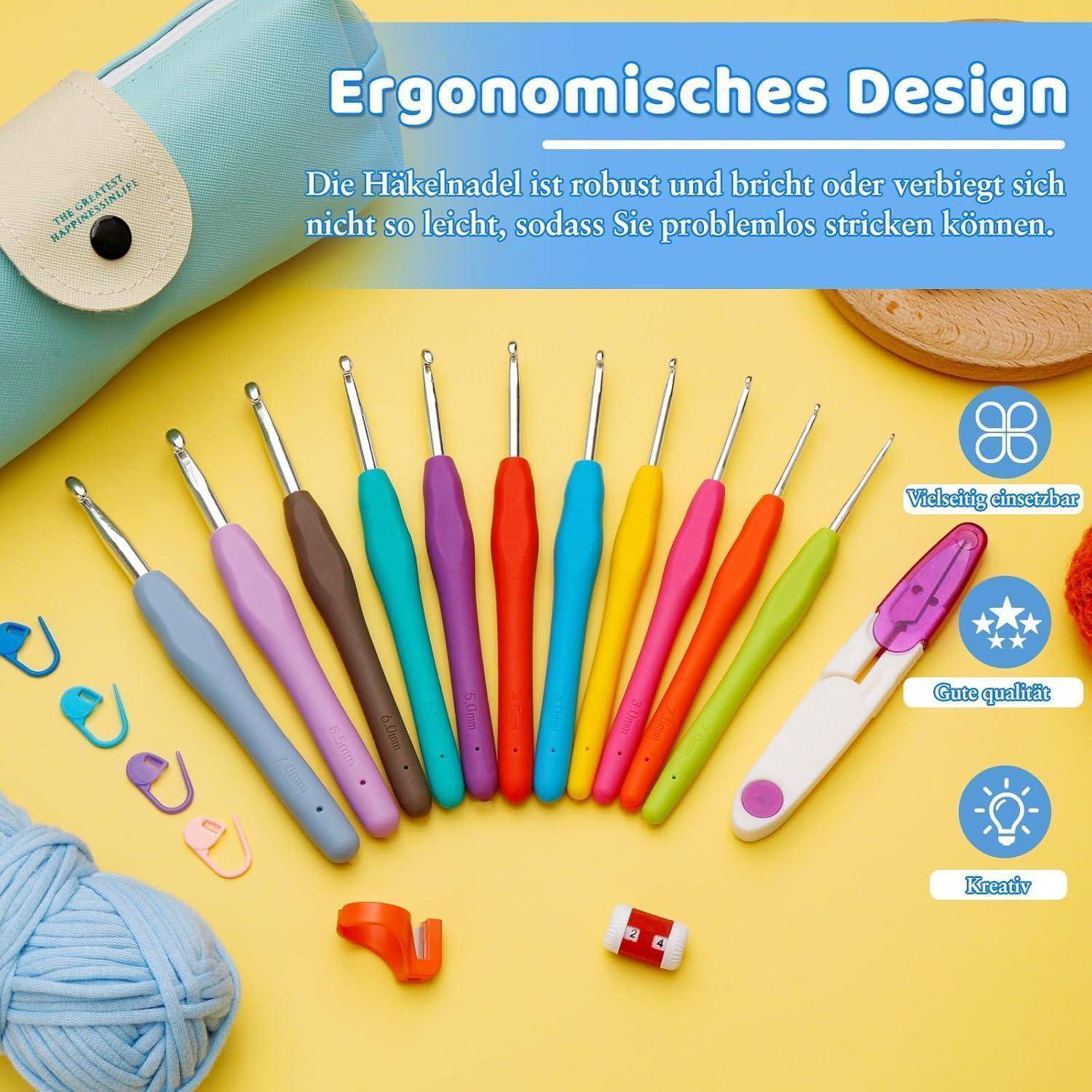 Häkelnadel Set 11 Größen 32 Stück Etui 2 mm 3 mm 4 mm 5 mm 6 mm 7 mm