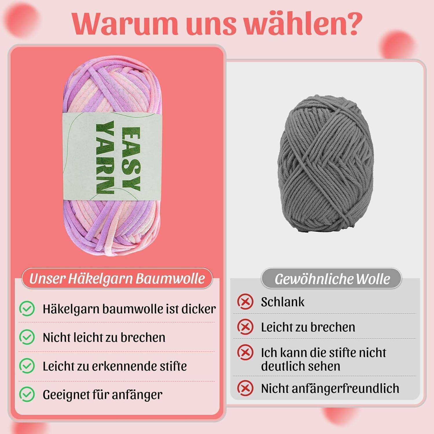 Zwei Garn-Typen im Vergleich: Linke Strähne ist mit ‚Einfaches Garn' beschriftet und betont dessen Haltbarkeit und Anfängerfreundlichkeit. Rechte Strähne ist ‚Gewöhnliches Garn', das auf seine Zerbrechlichkeit und mangelnde Präzision hinweist.