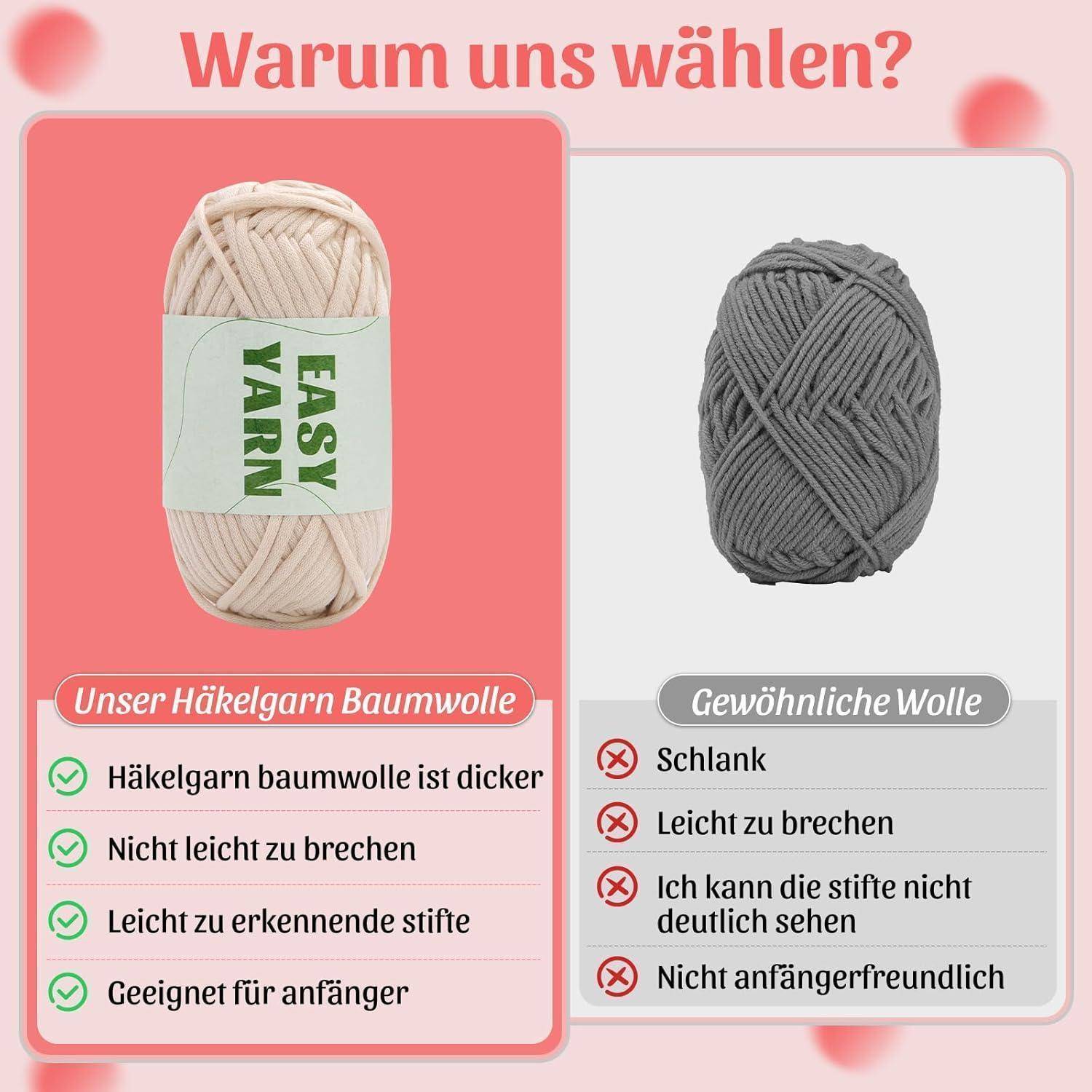 Vergleich von 'Unser Häkelgarn Baumwolle' (pinkes Garn) und 'Gewöhnliche Wolle' (graues Garn). Hervorhebung der überlegenen Dicke, Haltbarkeit und Eignung für Anfänger bei 'Unser Häkelgarn Baumwolle'.