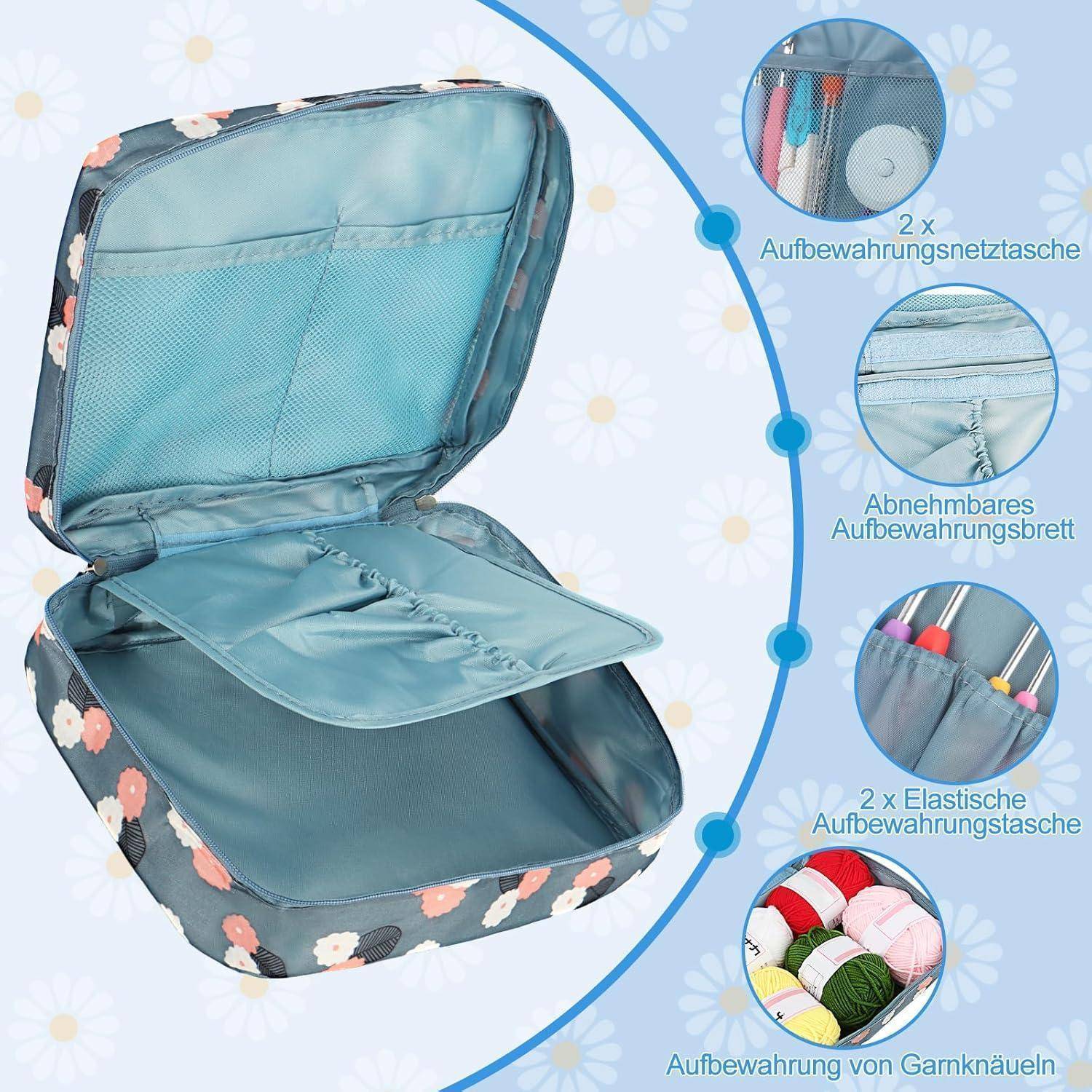 Offenes Nähutensilien-Etui mit Blumenmuster, mit Fächern für Nähzubehör, einschließlich elastischer Aufbewahrung und herausnehmbarer Sortierplatte, wie in den Illustrationen dargestellt.