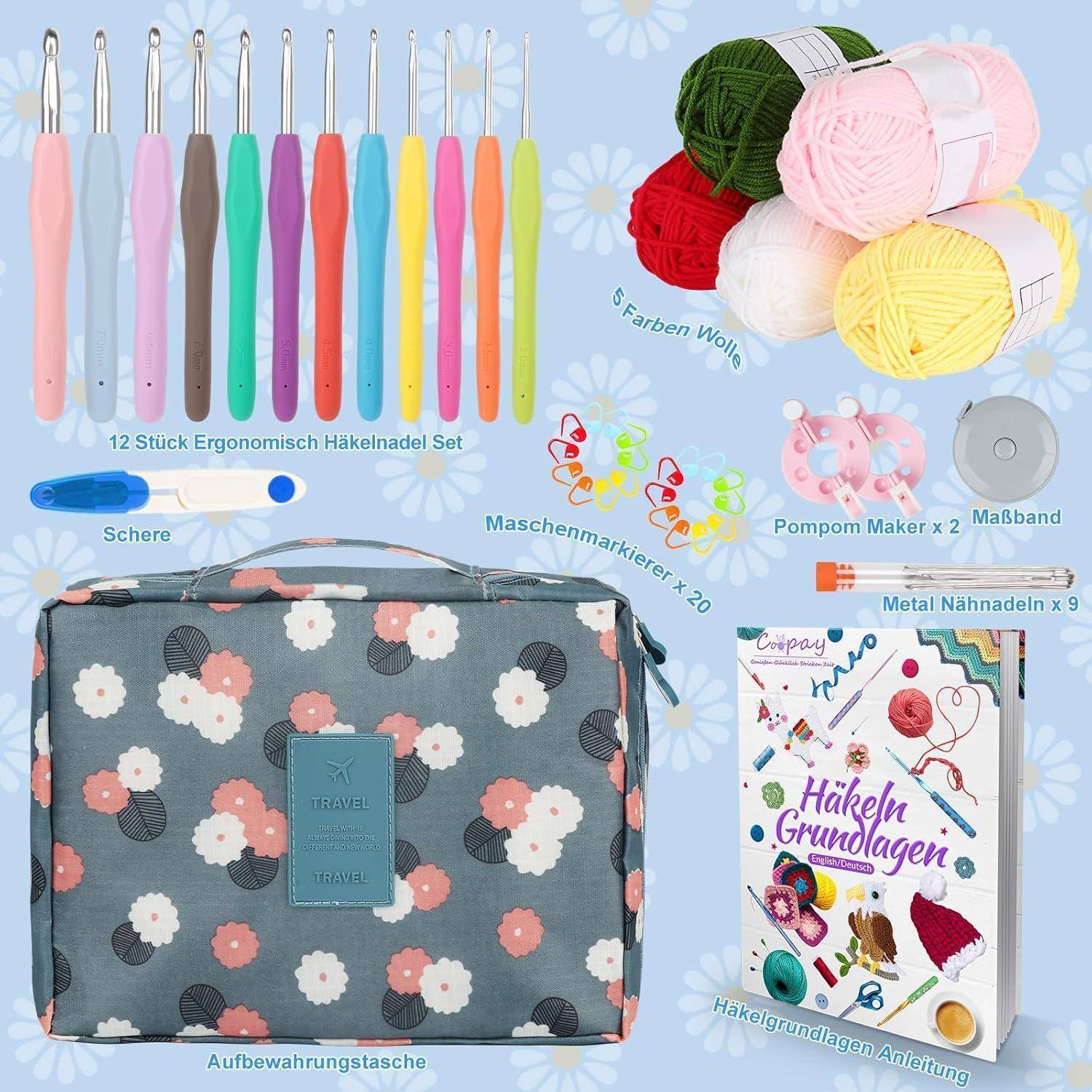Häkel-Set inklusive 12 ergonomischer Häkelnadeln, 5 Garnfarben, Schere, Markierungen, Pompon-Maker, Maßband, Nadeln, Aufbewahrungstasche und Häkelanleitung.