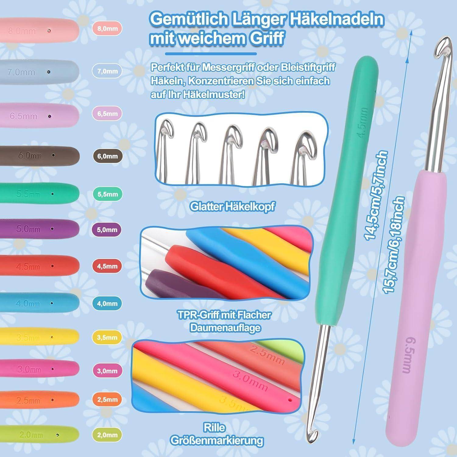 Häkelhaken mit ergonomischen Griffen in verschiedenen Pastellfarben werden präsentiert und zeigen verschiedene Längen und Größen, mit deutscher Beschreibung der Merkmale.