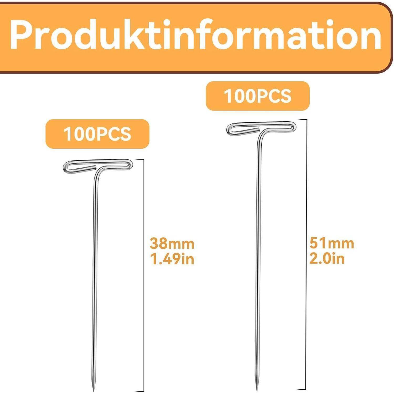 Produktinformation: Zwei Stahl-T-Stifte, 100 Stück pro Set. Ein Stift ist 38 mm (1,49 Zoll) lang, der andere ist 51 mm (2,0 Zoll) lang.