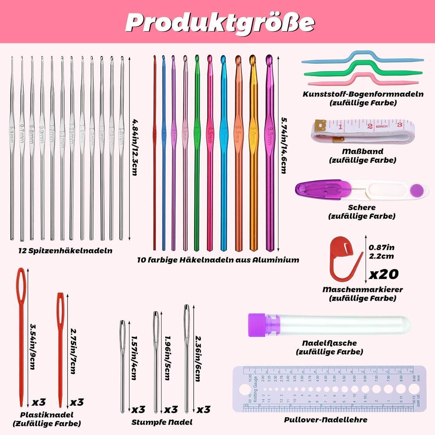 Produktgrößen-Display verschiedener Häkelnadeln und Zubehör mit Größen und Farben. Enthält Maßband, Maschenmarkierer und Nadeln.