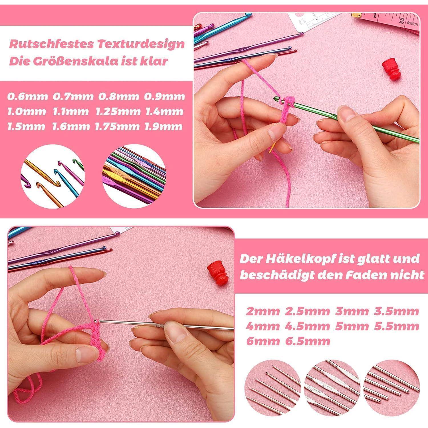 Häkelnadel-Größen in mm beschriftet, mit rosa Garn zur Demonstration. Der Text auf Deutsch beschreibt Textur und Glätte. Häkelnadel-Größen reichen von 2mm bis 6,5mm.
