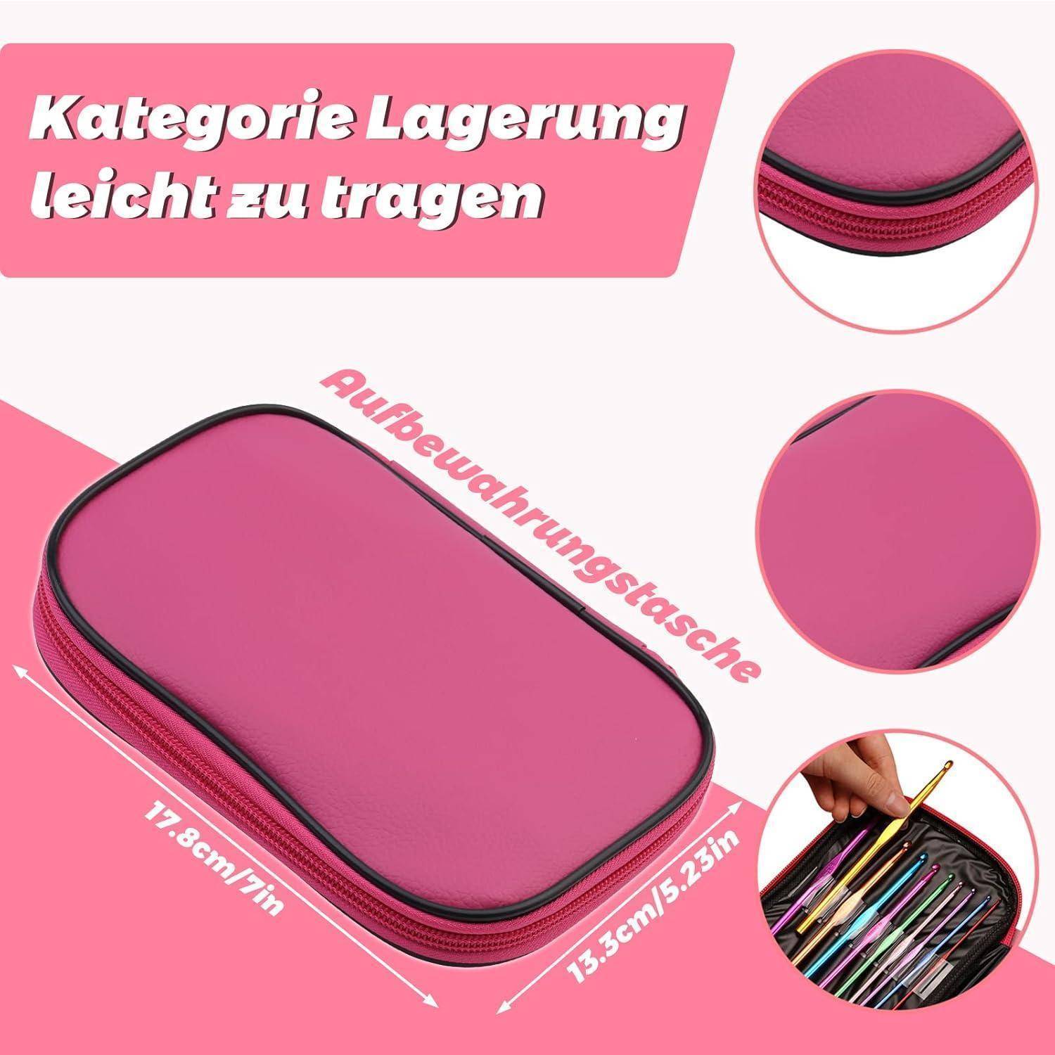 Rosa Aufbewahrungsbox für Häkelnadeln, beschriftet mit 'Kategorie Lagerung leicht zu tragen' und 'Aufbewahrungstasche'; Abmessungen angegeben.