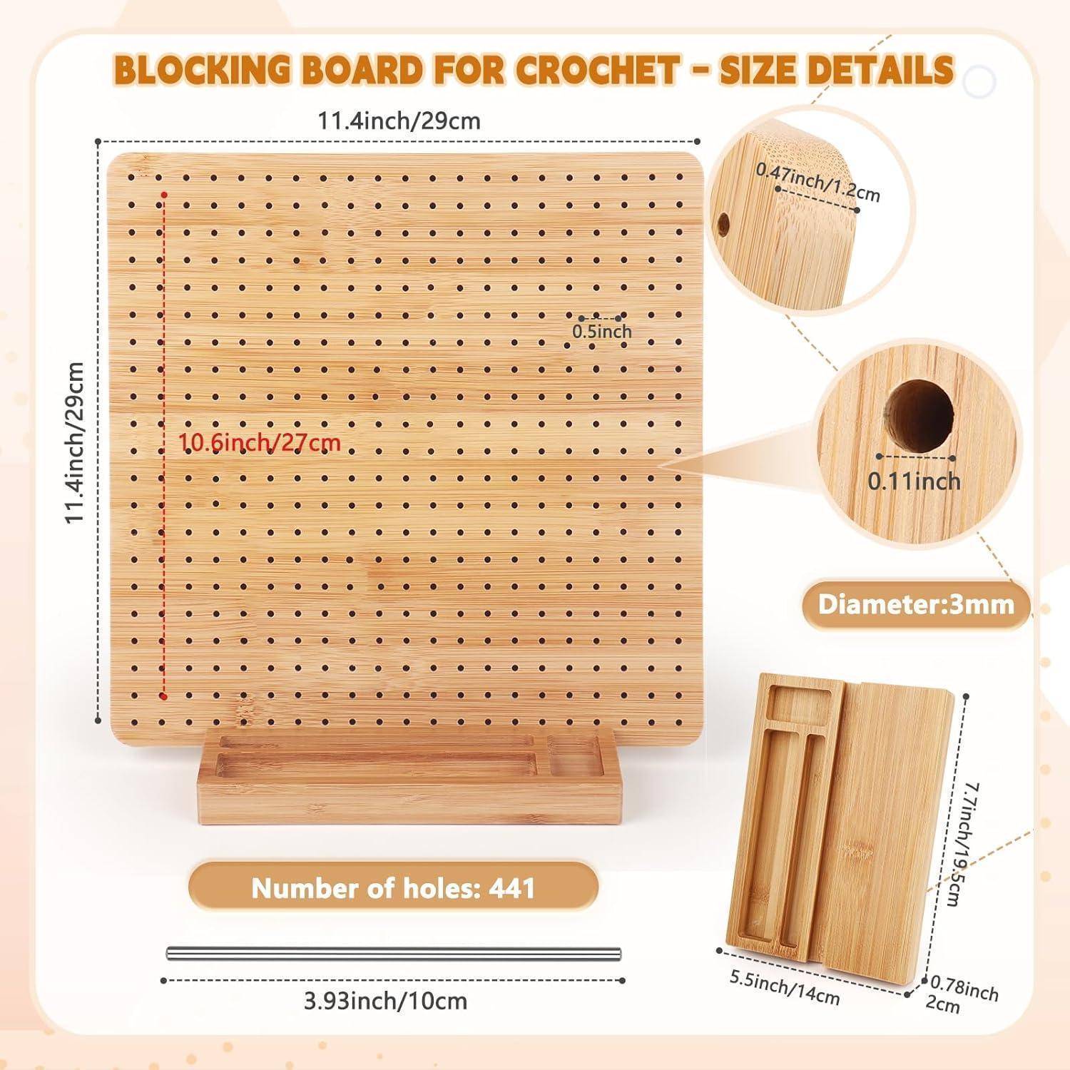 Blockingbrett für Häkelarbeiten - Größendetails. Abmessungen des Bretts: 29 cm quadratisch, Lochdurchmesser: 3 mm, 441 Löcher.